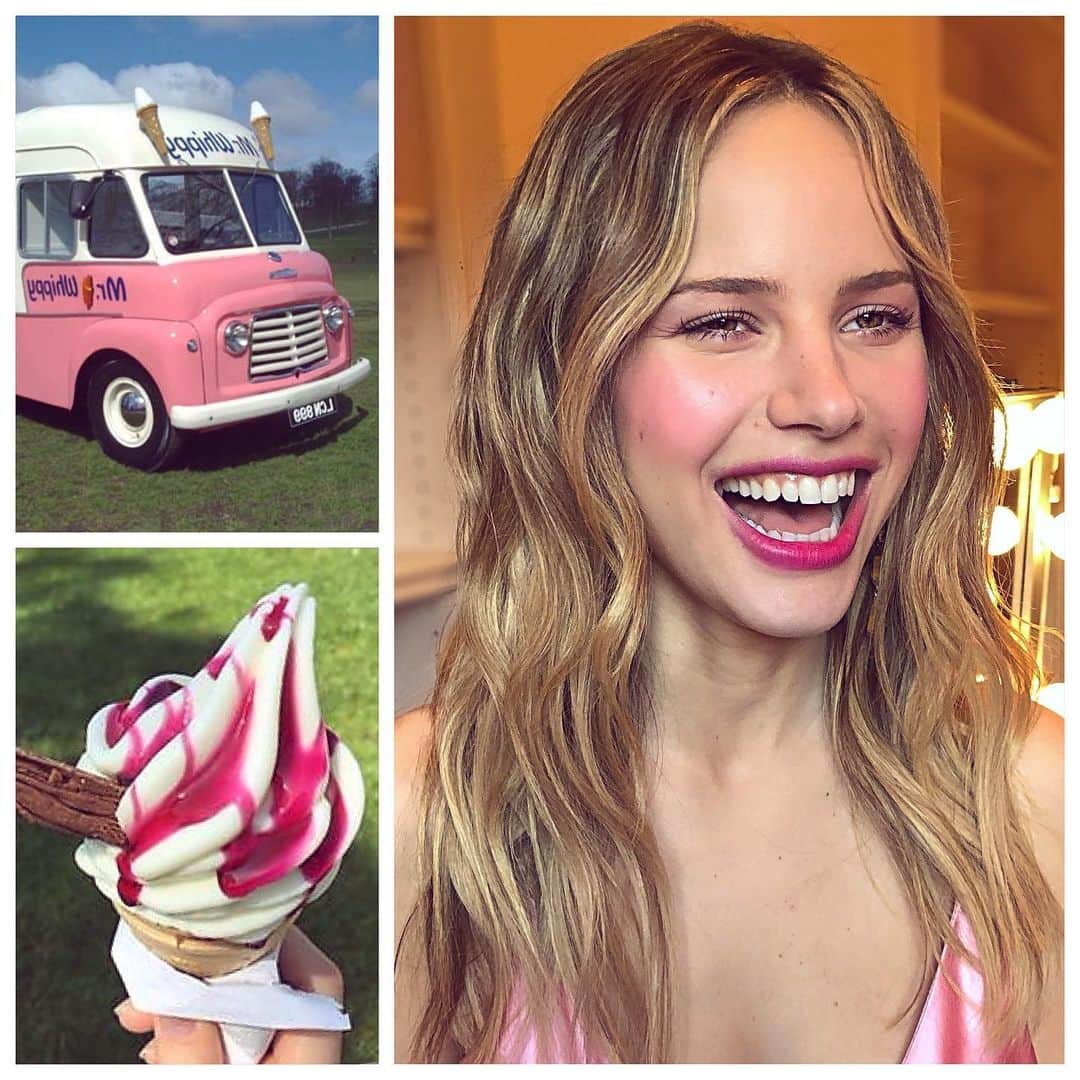 JO BAKERのインスタグラム：「H A L S T O N • S A G E 🇺🇸 Day dreaming of #englishsummer time... #99withaflake #icecreamvan and picnics in parks !! Tones of raspberry sauce on the delightful and always smiling  #halstonsage for @instylemagazine  Cheap and cheerful Razza sauce on top of a #mrwhippys #mrsoftee #icecream .... got to love the tradition of an English ice cream van!! Hair @sunniebrook  Makeup by me #jobakermakeupartist 🍦#lips #cheeks #stain #berry #raspberry #glow #summermakeup」