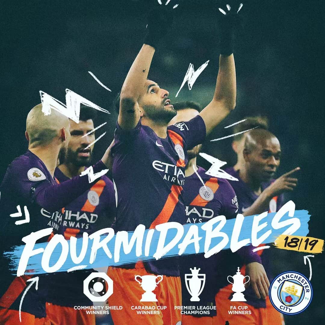 リヤド・マフレズのインスタグラム：「Best way to end the season 🏆🏆🏆🏆 Proud to be part of this incredible team @mancity #fourmidables 💙」