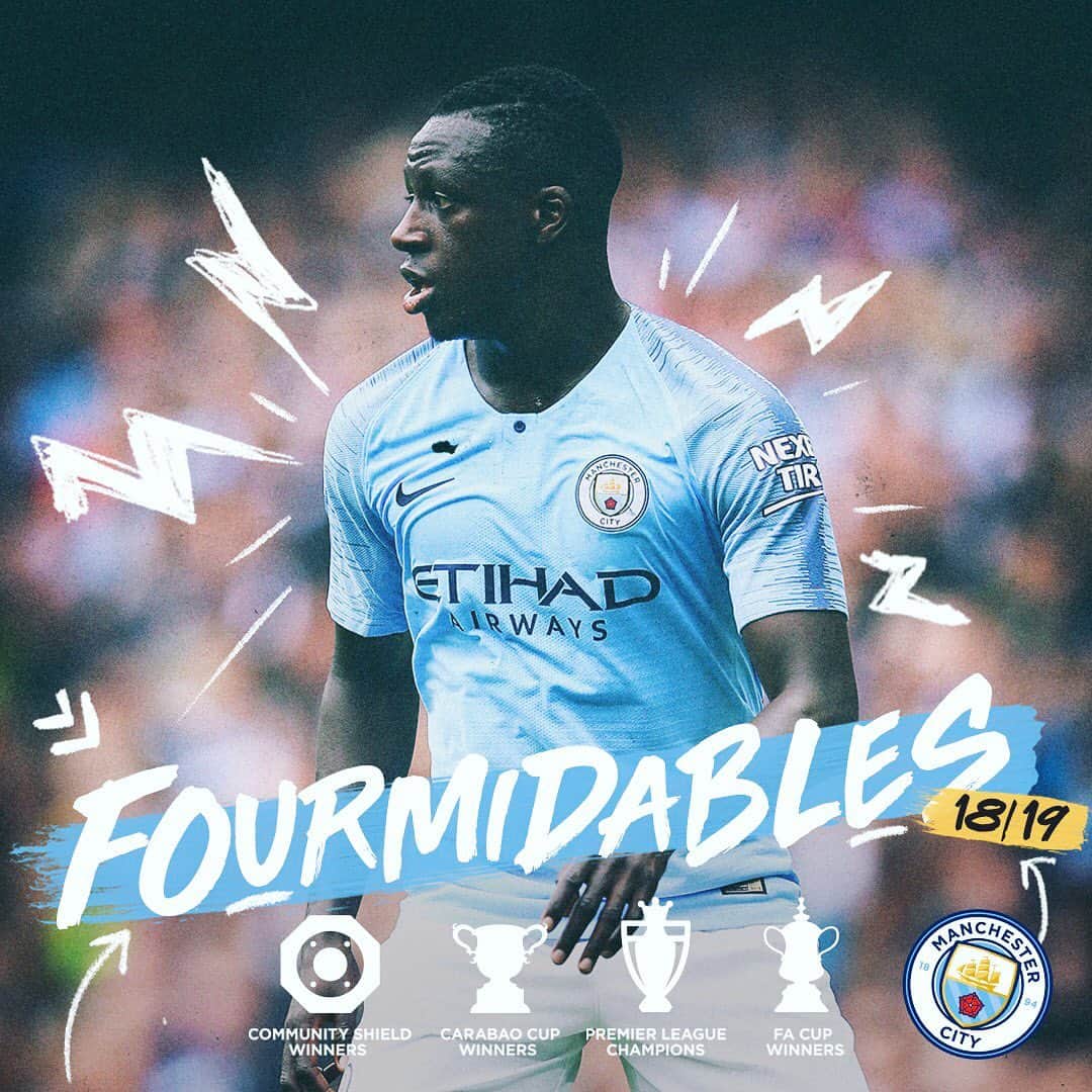 バンジャマン・メンディのインスタグラム：「🏆 + 🏆 + 🏆 + 🏆  @mancity #Fourmidables」