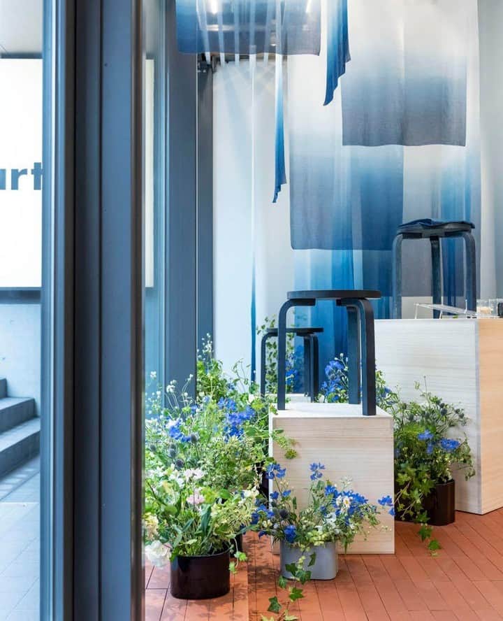 Artekさんのインスタグラム写真 - (ArtekInstagram)「Blue Gold. Visitors to the new Artek Tokyo Store are welcomed by the Stool 60 Aizome by BUAISOU. The airy installation, with partially dipped  fabrics and wild flowers, was done in collaboration with the indigo-dye specialists.  Photo: Petri Artturi Asikainen @artekjapan #artekjapan #finlandjapan #finjpn100 #finjpncollection」5月19日 16時00分 - artekglobal
