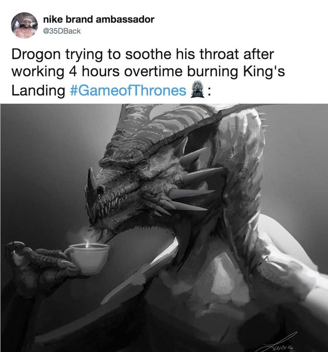 9GAGさんのインスタグラム写真 - (9GAGInstagram)「no one comes to relieve him from his shift.⠀ -⠀ 🎨@lindseywakefieldart⠀ -⠀ #drogon #gameofthrones #kingslanding #honey #lemontea #9gag」5月20日 4時00分 - 9gag