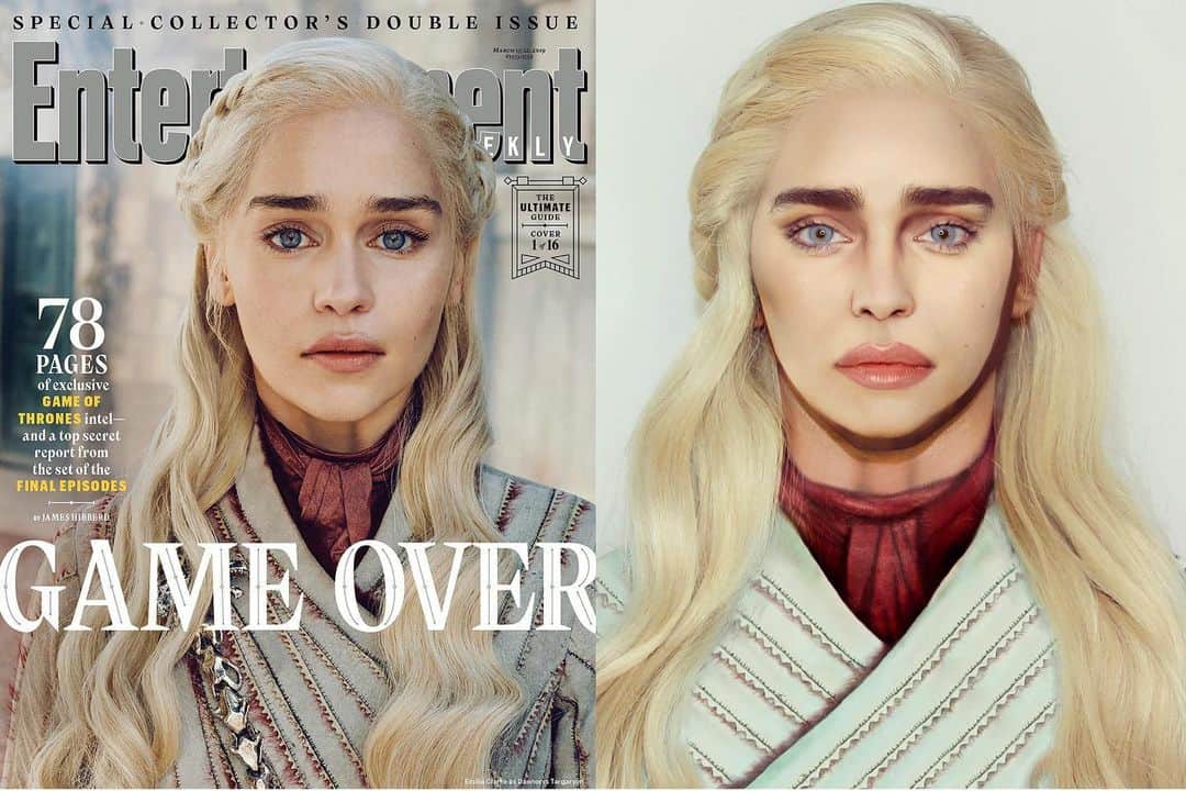 A riel D iazのインスタグラム：「🐉Daenerys Targaryen🐉 @emilia_clarke  Eyes: @viseart neutral matte palette & @urbandecaycosmetics GOT palette. @milkmakeup kush mascara & primer. Brows were repositioned with facelift tape & @anastasiabeverlyhills Brow pomade & dipbrow gel in soft brown.  Lips: @urbandecaycosmetics dracarys lip tint, @milkmakeup kush lip glaze. @maccosmetics half red Lipliner.  @desioeyes Irresistible blue contacts.  Face: @makeupforeverofficial ultra hd stick foundation, @toofaced btw concealer. @maccosmetics sculpt and shape palette.  Chest painted on with different shades of @mehronmakeup paradise paints.  Hair styled with @theouai memory mist & dry foam.」