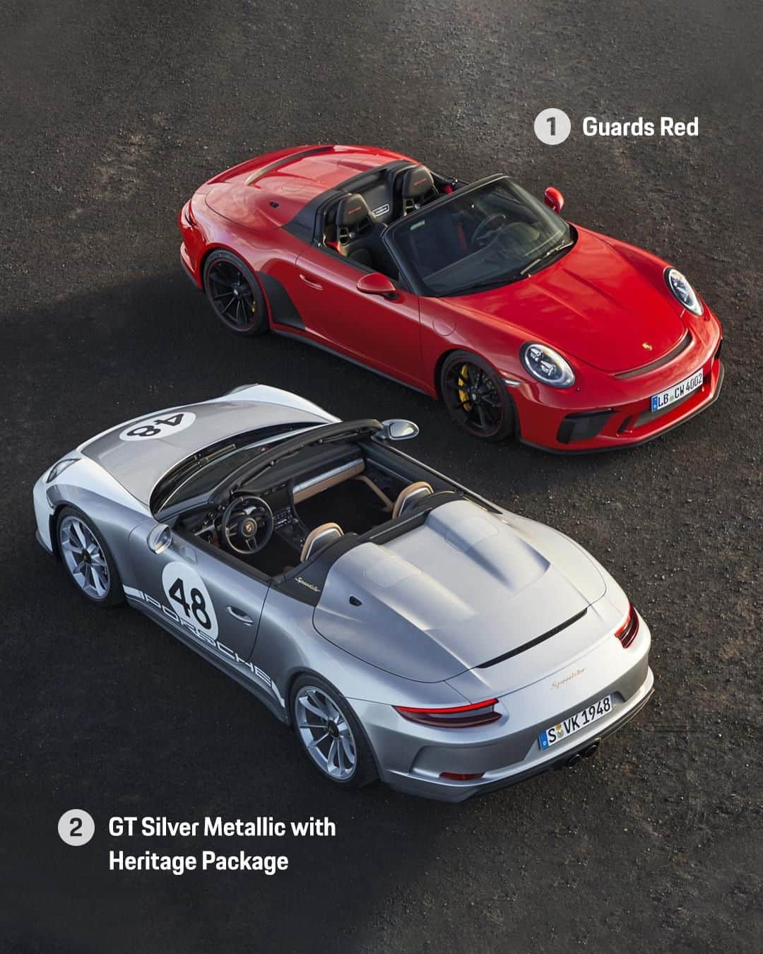 Porscheさんのインスタグラム写真 - (PorscheInstagram)「The intention of the new 911 Speedster is clear: endless open-top thrills. But which finish would you choose? Guards Red (1) or GT Silver Metallic with Heritage Package (2)? #911Speedster #Tributetoadream #991Speedster #Porsche911 #TimelessMachine #991 #Porsche __ Combined fuel consumption in accordance with EU 6: 911 Speedster: 13,8 l/100 km; CO2 emissions: 317 g/km」5月19日 23時11分 - porsche