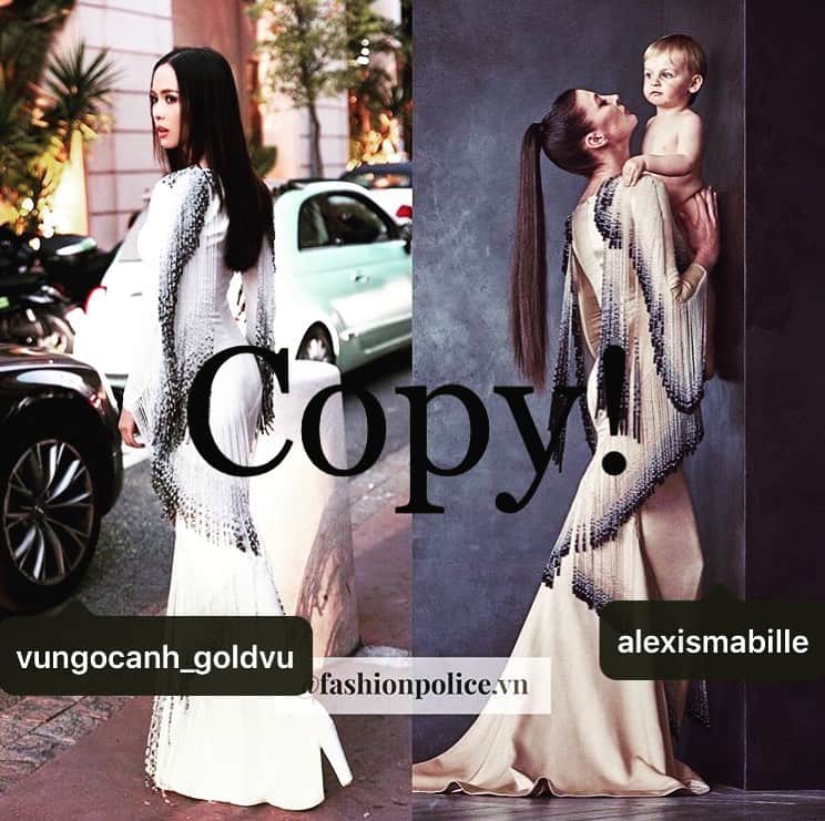 のインスタグラム：「COPY !!! Shame on you @vungocanh_goldvu for wearing @festivaldecannes this bad copy of my haute couture dress realised by vietnamese designer @_lethanhhoa_  #shameonyou #copy #scandal #badvibes #alexismabille #lethanhoa @bazaarvietnam @voguevietnamofficial @ellevietnam @lofficielvietnam」