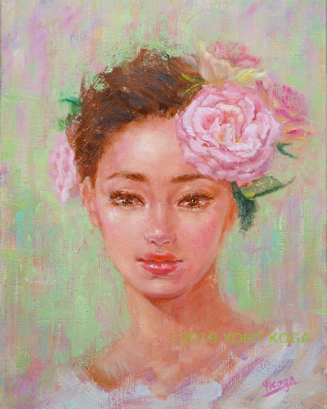 古賀陽子のインスタグラム：「“The Oriental Rose” 2019, oil on canvas, 40.9cm×31.8cm "オリエンタルローズ" F6号 個展 展示予定 ， 🔜 古賀陽子 洋画展 ・5月29日(水)〜6月4日(火) ・@大丸 心斎橋店 北館12F 美術画廊 ・10時〜20時半(最終日は17時まで) ・作家在廊: 11時〜17時  #人物画 #肖像画 #portrait #アート #絵 #gallery #ギャラリー #画家 #artist #painter #portraitartist #painting #art #artwork #油絵 #oilpainting #artstagram #artistoninstagram #instapainting #instajapan #instaart #instaartist #古賀陽子 #yokokoga #exhibition #exhibit #大阪 #個展 #アート好きな人と繋がりたい #ギャラリー巡り」