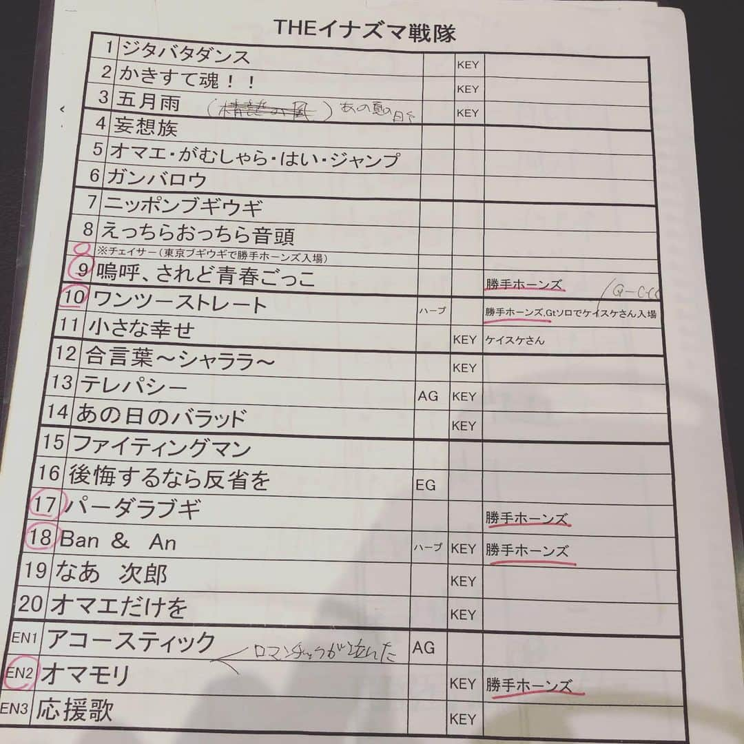 上中丈弥さんのインスタグラム写真 - (上中丈弥Instagram)「遅ればせながらサンプラの打ち上げ。ミキオさん、カズさん、タウラさん、しんじょうさん、そしてSMAや関係者の皆様には感謝しかありません。感謝感謝感謝🙏  2枚目は酔いながら締めの挨拶をしてるうちに緊張しだしたリーダー俊哉🥴  3枚目は勝手ホーンズのタウさんが持ってきてくれた昔のセットリスト。たぶんブリッツの時かな？まだ持っててくれて嬉しかった。  さぁ次のステージに向かおう！！ #イナ戦 #イナズマ戦隊 #出会った皆様我が師匠」5月20日 22時22分 - jyouya