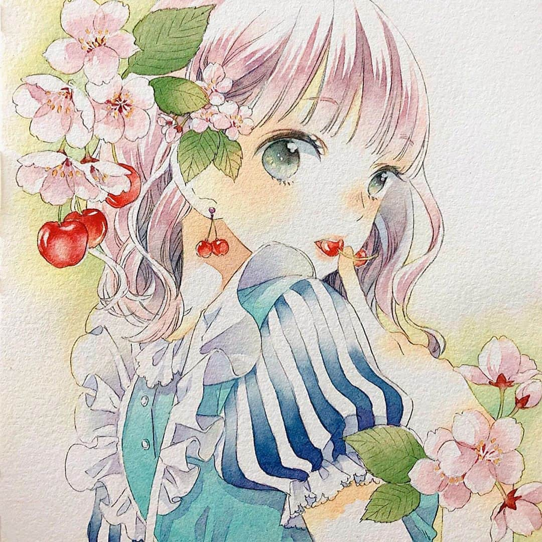 友風子/yufushiさんのインスタグラム写真 - (友風子/yufushiInstagram)「完成〜〜🍒 #illustration #watercolor #水彩 #イラスト」5月20日 22時41分 - uko_yufushi