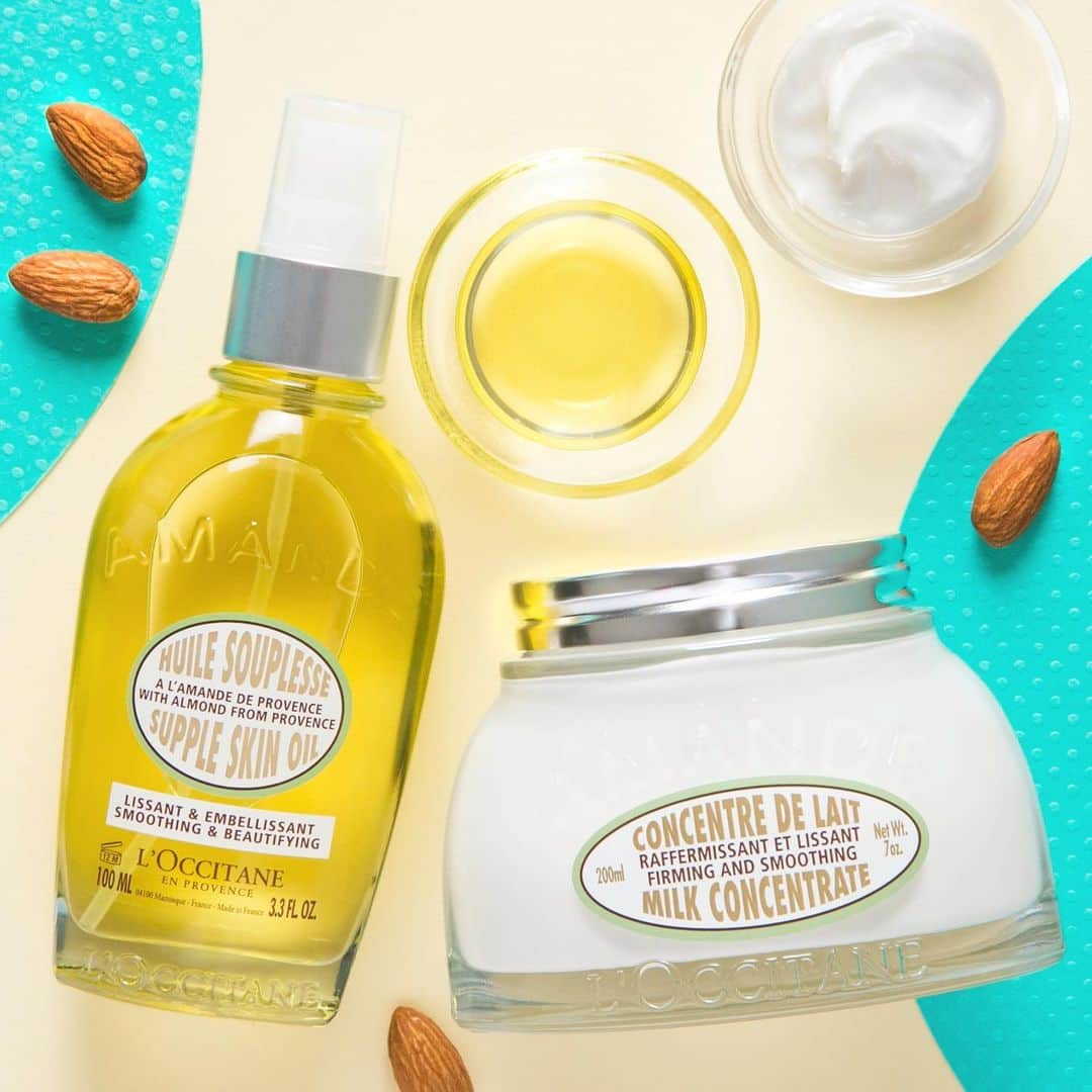 L'OCCITANE en Provenceさんのインスタグラム写真 - (L'OCCITANE en ProvenceInstagram)「アーモンドで、目指せ、夏魅せボディ✨ 地中海沿岸で"若さと優美の象徴"とされるアーモンドには、肌をなめらかに整え、女性のボディの悩みに答えてくれる効果が💕﻿ ﻿ 嫌味のない甘い香りも人気の秘訣。﻿ この季節だけの甘美な香りに包まれながら、﻿ ボディメイクを楽しもう！﻿ ﻿ ⛱アーモンド ミルクコンセントレート(右)﻿ ﻿ アーモンドプロテイン(*1)と﻿ アーモンドオイル(*2)を配合したボディクリーム。﻿ たるみの気になる部位にマッサージすることで働きかけ、﻿ きゅっと引き締ったなめらかな肌印象に。﻿ ﻿ ⛱アーモンド サプルスキンオイル(左)﻿ ﻿ アーモンドと、ローズヒップやベルガモットなど﻿ ６種の厳選された植物の美容オイル(*3)で﻿ 美しく輝く肌へと導きます。﻿ さらりとしたテクスチャーで、肌にすっとなじみます。﻿ ﻿ ﻿ お風呂上がりはこの２ステップで、﻿ 潤しながらキュッとハリ肌へ🛀💓﻿ ﻿ ﻿ (*1)アーモンドタンパク(保湿成分)﻿ (*2)アーモンド油(スキンコンディショニング成分)﻿ (*3)アーモンド油、ヒポファエラムノイデス油、ニンジン種子油、アマナズナ種子油、カニナバラ果実油、ベルガモット果実油(すべてスキンコンディショニング成分)﻿ ﻿ #ロクシタン #アーモンド #ダイエット #ボディケア #美ボディ #ボディーメイク #ダイエッター #痩せたい #引き締め #乾燥肌 #ボディクリーム #限定コスメ #期間限定 #夏コスメ #スリミング #保湿 #うるおい #香りのある暮らし #プロテイン #新商品 #オイル美容 #夏 #スキンケア #おすすめコスメ #キレイになりたい #コスメ好き #bodycare #LOccitane」5月20日 17時56分 - loccitane_jp