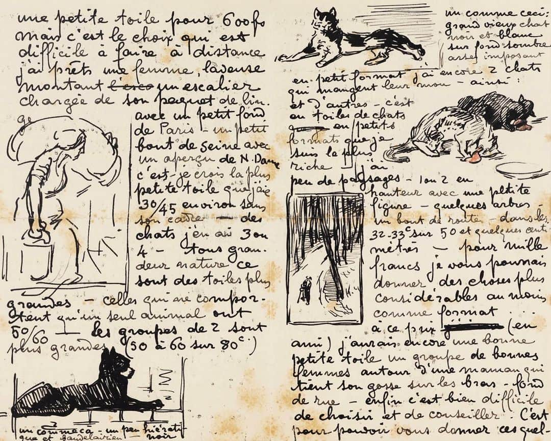 サザビーズさんのインスタグラム写真 - (サザビーズInstagram)「Art Nouveau #painter and #printmaker Théophile Alexandre Steinlen is renowned for the #posters he designed for the artistic crowd in #Montmartre (swipe for the iconic #poster created for #bohemian establishment Le Chat Noir). Here, a writes a beautiful #letter to a would-be #collector in 1904, with illustrations that perfectly evoke his universe – with his predilection for #cats, the marginalised and melancholic #landscapes – proposing the types of #paintings he could offer.  On 22 May in #Paris, we present a special #auction of #letters and #manuscripts penned by the great figures in #literature, music and the #arts from 16th century to the present day. Visit the public #exhibition this week, or leaf through the #catalogue online to gain an insight into the lives of minds of #Gauguin, #Pissarro, #Debussy and Toulouse-Lautrec among others.  #SothebysParis #BookLovers #Bookstagram #ArtNouveau #CatsofInstagram #CatsinArt」5月20日 18時02分 - sothebys