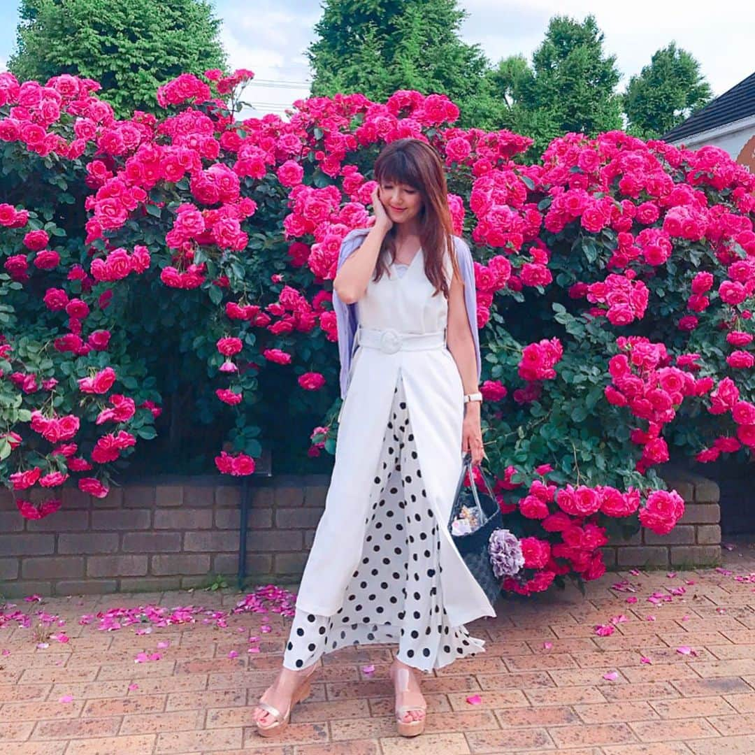 mii_stagramさんのインスタグラム写真 - (mii_stagramInstagram)「🌹✨🌹✨🌹✨ ・ @keiseirosegarden  #京成バラ園 に行って来たよ～👯‍♀️💕 土曜日って事で凄～い人だったけど😵 今年も私に綺麗な🌹を見せてくれて @ex.3jsb.tiamo  よっᒼᑋªⁿ♥︎ありがとう✨🙏😄 ・ ⃝ ⍤⃝ ⍨⃝ ∵⃝♡⍢⃝ ⍤⃝ ⍨⃝ ∵⃝♡⍢⃝ ・ ジレ風に着たホワイトワンピースは @ladymade_official ✔ この前のポップアップショップで 着ていた色違い❤ 伸縮性があって車移動も楽チン😊💕 ・ ハマり中な#レイヤードスタイル @kobe_lettuce ✔ ドット柄のロングスカートと合わせて #ホワイトコーデ ・ ・ 沢山あるからどの写真使うか？ 順番にも悩む😂 1枚目の風のイタズラが残念🍃 ・ かごバッグと2枚目picのサングラス😎 昨年、京成バラ園に併設してる 姫ショップで買ったもの🌹 サングラスの両サイドは 🌹のモチーフが付いてて可愛い～😊💕 ・ ・ 薔薇に癒されたぁぁ～🙌🏼🌹💫 ・ ・ #ボトムス：#神戸レタス @kobe_lettuce (M2456) #ladymade #chao_app#fashion#coordinate#rose #薔薇#バラ#バラ園#はなまっぷ#お出かけ#ポートレート#ファッション#コーデ#今日のコーデ#今日の服#きれいめコーデ#きれいめカジュアル#シンプルコーデ #着回しコーデ #40代コーデ #大人可愛い#大人女子#おしゃれさんと繋がりたい #インフルエンサー#PR ⃝ ⍤⃝ ⍨⃝ ∵⃝♡⍢⃝ ⍤⃝ ⍨⃝ ∵⃝♡⍢⃝ 見て下さった方 (*´︶`*)♡Thanks!🌹✨🌹✨🌹✨🌹✨」5月20日 18時02分 - miyuki.0419.karemari