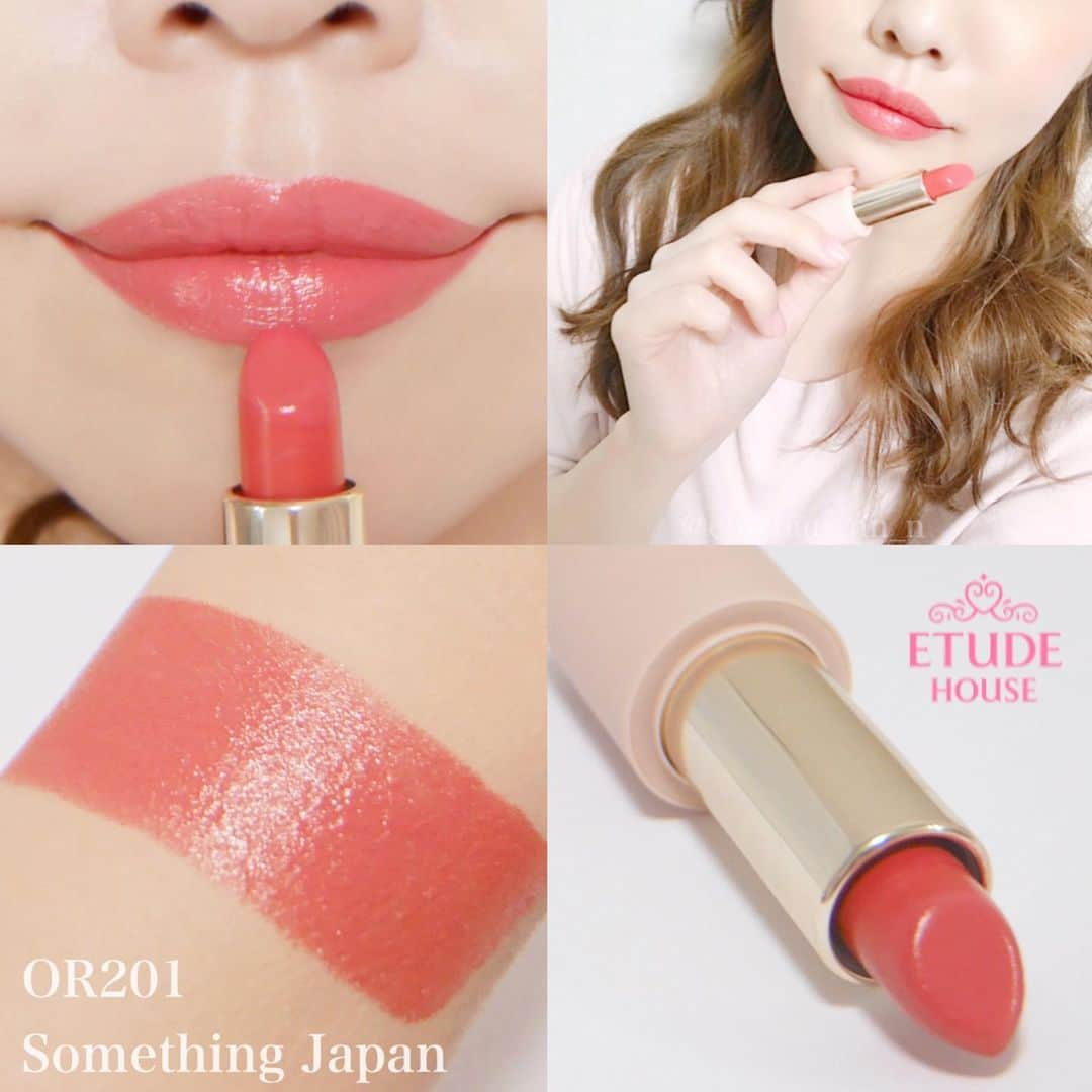 海老原りささんのインスタグラム写真 - (海老原りさInstagram)「ETUDE HOUSEのリップ💄﻿ ﻿ ﻿ ﻿ 最近コスメもピンとくるものがなくて﻿ 物欲が落ち着いていたんですが、﻿ ﻿ 撮影用にたまたま購入したリップが﻿ 思っていた以上に良かったのでレビュー💄✨﻿ ﻿ ✔︎ETUDE HOUSE﻿ #ベターリップトーク ﻿ OR201 サムシングジャパン﻿ ﻿ このシリーズは全30色というカラバリの多さで😂﻿ ﻿ 自分色が見つかる嬉しさもあったけど﻿ 最初の1本を買う時は﻿ あの色も可愛い！この色も可愛い！で﻿ かなり色選びで悩みました〜👏🏻😂﻿ ﻿ 天気の良い暖かい季節が近づくにつれて﻿ 手持ちのリップ達よりも﻿ パッと華やかに見えるカラーが欲しくて﻿ 発色では定評のある韓国コスメを﻿ 選んでみたのが買うきっかけで😌♪﻿ ﻿ 期待通り 存在感のある鮮やかさで﻿ 遊び心のあるカラバリはすごく可愛い！💕﻿ ﻿ ひと塗りでムラなく色付くし﻿ ふっくらと立体的な仕上がり◎✨﻿ ﻿ ベターリップトークは﻿ ベターリップトーク ベルベットに比べて﻿ ツヤ感があるタイプなんだと思うけど﻿ ﻿ 私が持っているリップ達に比べると﻿ 全然マットに近い仕上がりかな🤔﻿ ﻿ 私はマットリップが苦手なんだけど﻿ 苦手な理由の一つでもある﻿ 縦ジワが目立つ事もなかったし﻿ 思っていたよりも乾燥しなかったし﻿ なにより色が可愛くて﻿ 色違い買いしてしまいました🙈❤️﻿ (ぁ、値段も可愛かったよ)﻿ ﻿ 使い慣れてきたら﻿ 韓国メイクの塗り方してみようかな🥰﻿ ﻿ ﻿ ﻿ #えびちゃんメイク#OR201#サムシングジャパン#エチュードハウスリップ#エチュードハウス#リップレビュー#コスメレビュー#コスメスウォッチ#リップスティック#韓国コスメ#韓国メイク#ETUDEHOUSE#motd#lipstick #betterlipstalk#cosmetics#립크림#에뛰드하우스」5月20日 19時28分 - ebichan_nn_n