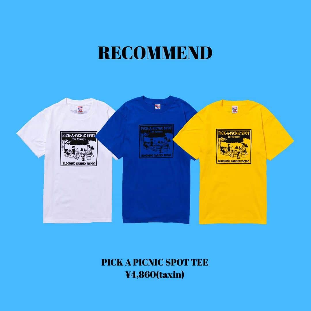 Aymmy in the batty girlsのインスタグラム：「【RECOMMEND】﻿﻿ ﻿﻿ ◽︎ PICK A PICNIC SPOT Tシャツ col:WHITE/BLUE/YELLOW siz:S/M﻿﻿ ¥4,860(taxin)﻿﻿ ﻿ 【販売先】﻿ ・﻿ONLINE STORE﻿ ・Amazon﻿ ﻿ #aymmy #battygarage ﻿﻿﻿﻿﻿﻿﻿ #aymmyinthebattygirls ﻿﻿﻿﻿﻿﻿﻿ #エイミー #原宿 #Tシャツ﻿」