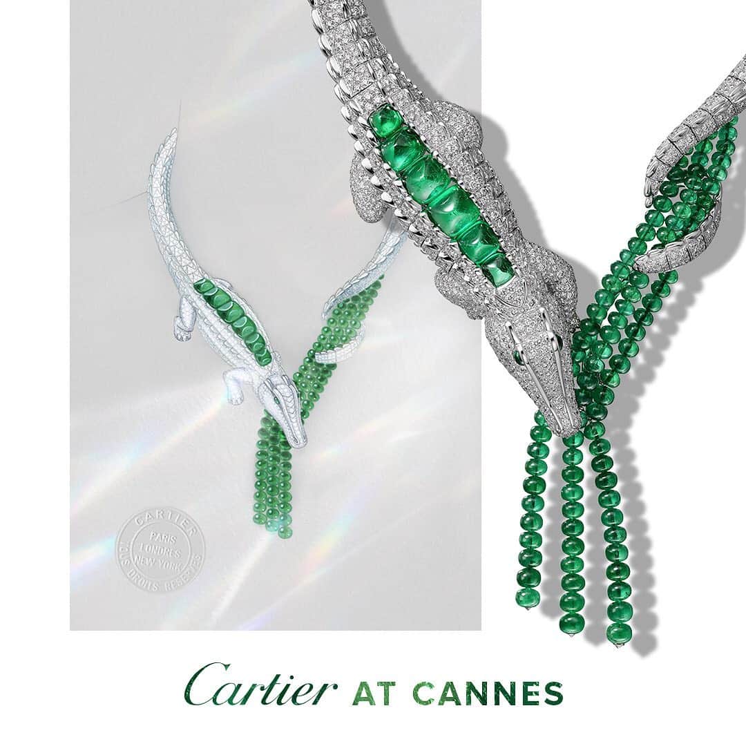 のインスタグラム：「Inspired by an icon: the new #CartierHighJewelry crocodile necklace was crafted over 2,300 hours using 6 sugarloaf emeralds, emeralds beads, white gold and diamonds.」