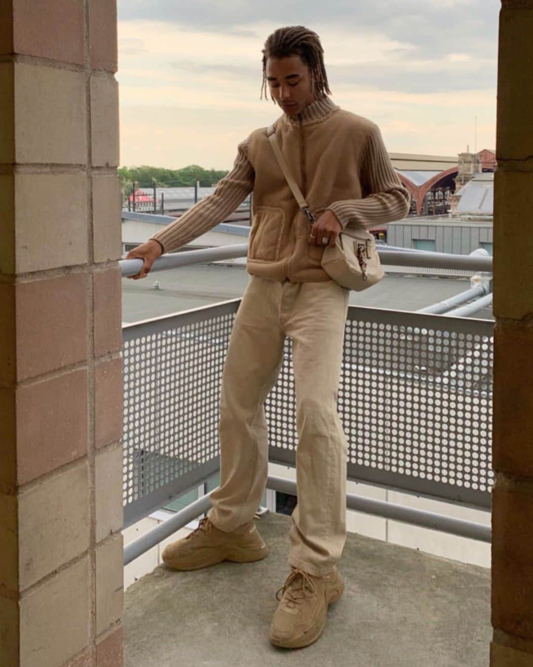 ジョージジーナ&ルーシーのインスタグラム：「@koffi.w rocking our The Drops (color: Havanna beige) 🐆 • • • • • #georgeginalicy #menswear #menstyle #mensfashion #streetwear #snobshots #hypebeast #streetfashion #streetstyle #malemodel #outfit #ootdmen #hsstyle #35mm #vsco #bag #accessories  #sunglasses #basementapproved #kicksonfire #sneakers #style #portrait」
