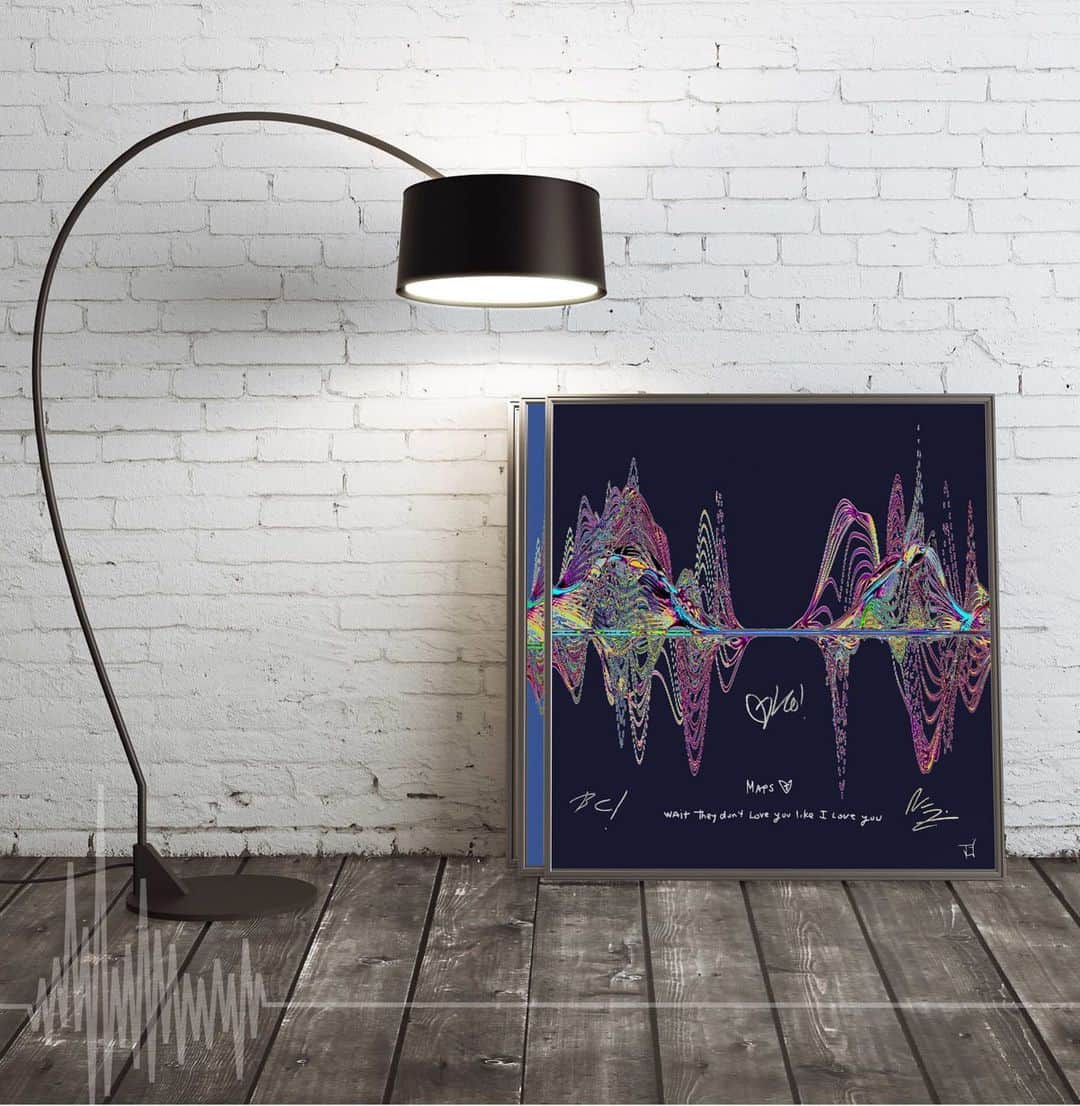 ヤー・ヤー・ヤーズのインスタグラム：「We signed these beautiful art posters by @Soundwaves_Art based on the sound waves of our love song "Maps" Treat yourself to one!  All proceeds support the amazing work of the @womensrefugeecommission, standing up for migrant rights on the southern border. Only a limited quantity, so get yours here.  https://soundwavesartfoundation.com/product/yyy-maps-signed-prints-2/」