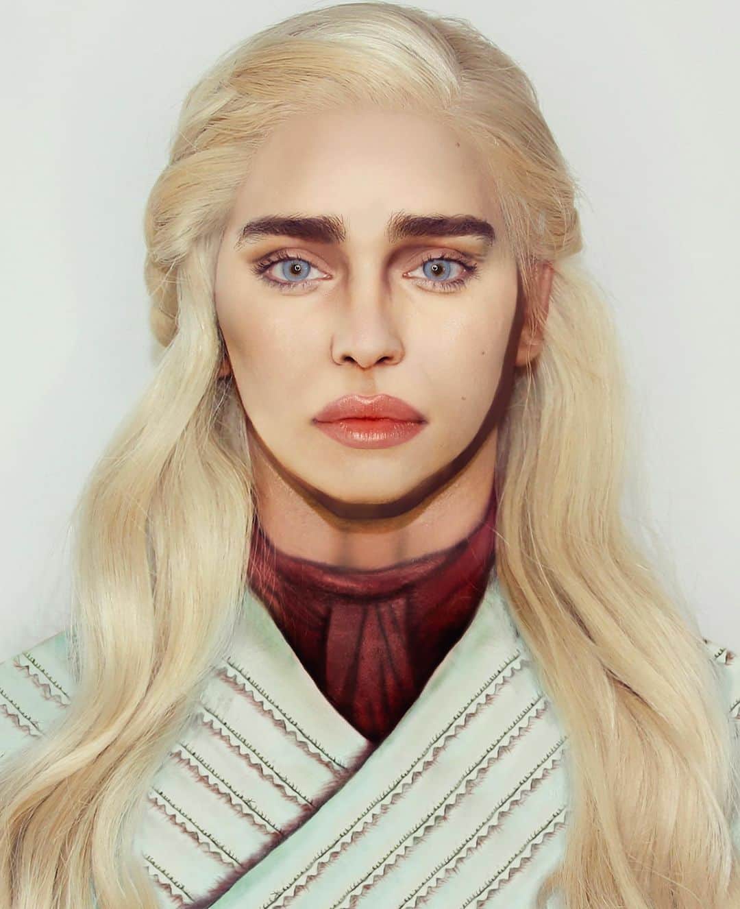 A riel D iazのインスタグラム：「So umm, can we talk about last nights episode? 😶 🐉Daenerys Targaryen🐉 @emilia_clarke  Eyes: @viseart neutral matte palette & @urbandecaycosmetics GOT palette. @milkmakeup kush mascara & primer. Brows were repositioned with facelift tape & @anastasiabeverlyhills Brow pomade & dipbrow gel in soft brown.  Lips: @urbandecaycosmetics dracarys lip tint, @milkmakeup kush lip glaze. @maccosmetics half red Lipliner.  @desioeyes Irresistible blue contacts.  Face: @makeupforeverofficial ultra hd stick foundation, @toofaced btw concealer. @maccosmetics sculpt and shape palette.  Chest painted on with different shades of @mehronmakeup paradise paints.  Hair styled with @theouai memory mist & dry foam.」
