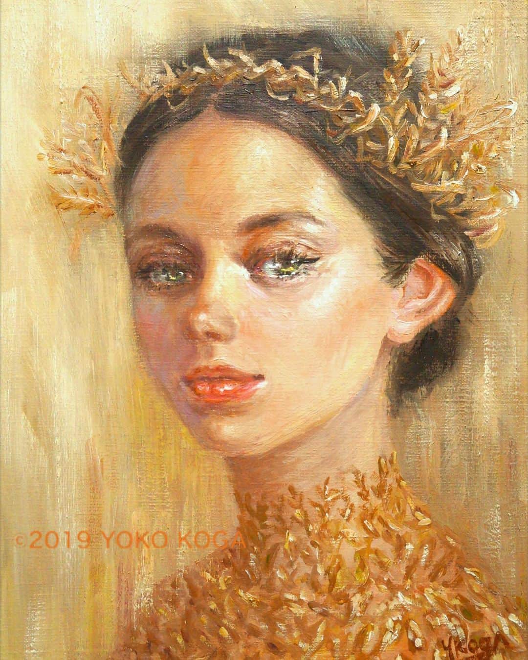 古賀陽子のインスタグラム：「“The Grain” 2019, oil on canvas, 33.4cm×24.3cm "穀物" F4号 個展 展示予定 🔜 古賀陽子 洋画展 ・5月29日(水)〜6月4日(火) ・@大丸 心斎橋店 北館12F 美術画廊 ・10時〜20時半(最終日は17時まで) ・作家在廊: 11時〜17時  #人物画 #肖像画 #portrait #アート #絵 #gallery #ギャラリー #画家 #artist #painter #portraitartist #painting #art #artwork #油絵 #oilpainting #artstagram #artistoninstagram #instapainting #instajapan #instaart #instaartist #古賀陽子 #yokokoga #exhibition #exhibit #大阪 #個展 #アート好きな人と繋がりたい #ギャラリー巡り」