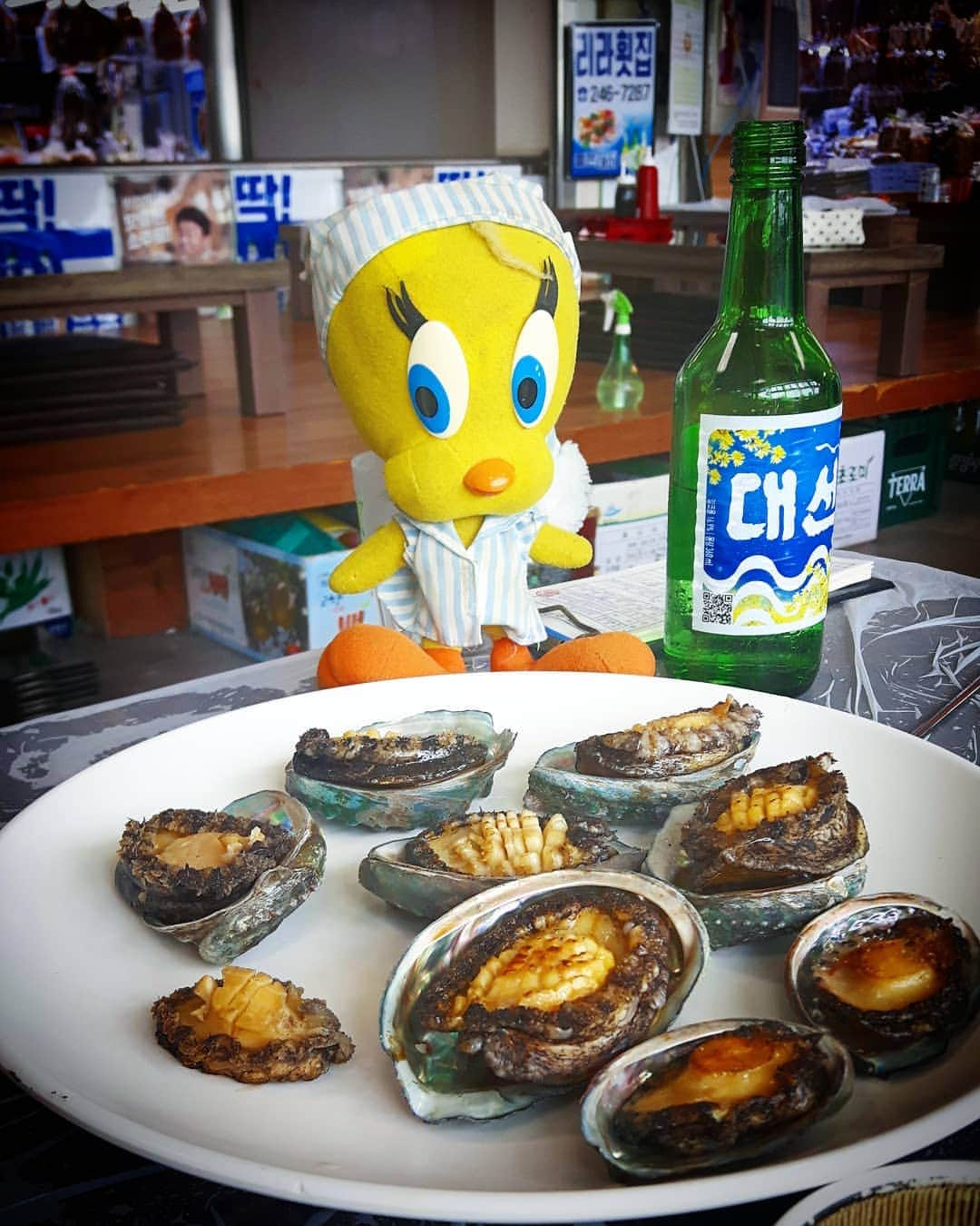 Little Yellow Birdさんのインスタグラム写真 - (Little Yellow BirdInstagram)「Another new thing to try: abalones!! And eaten in the perfect spot: the Jagalchi Fish market; the largest fish market I've seen, selling all the fish alive!! #littleyellowbird #tweety #tweetykweelapis #adventures #yellow #bird #jagalchi #자갈치 #busan #southkorea #zuidkorea #korea #fish #fishmarket #seafood #food #goodfood #freshfood #soju #abalone #jeonbok #전복 #travel #traveling #wanderlust #stuffedanimalsofinstagram #plushiesofinstagram」5月21日 18時02分 - tweetykweelapis