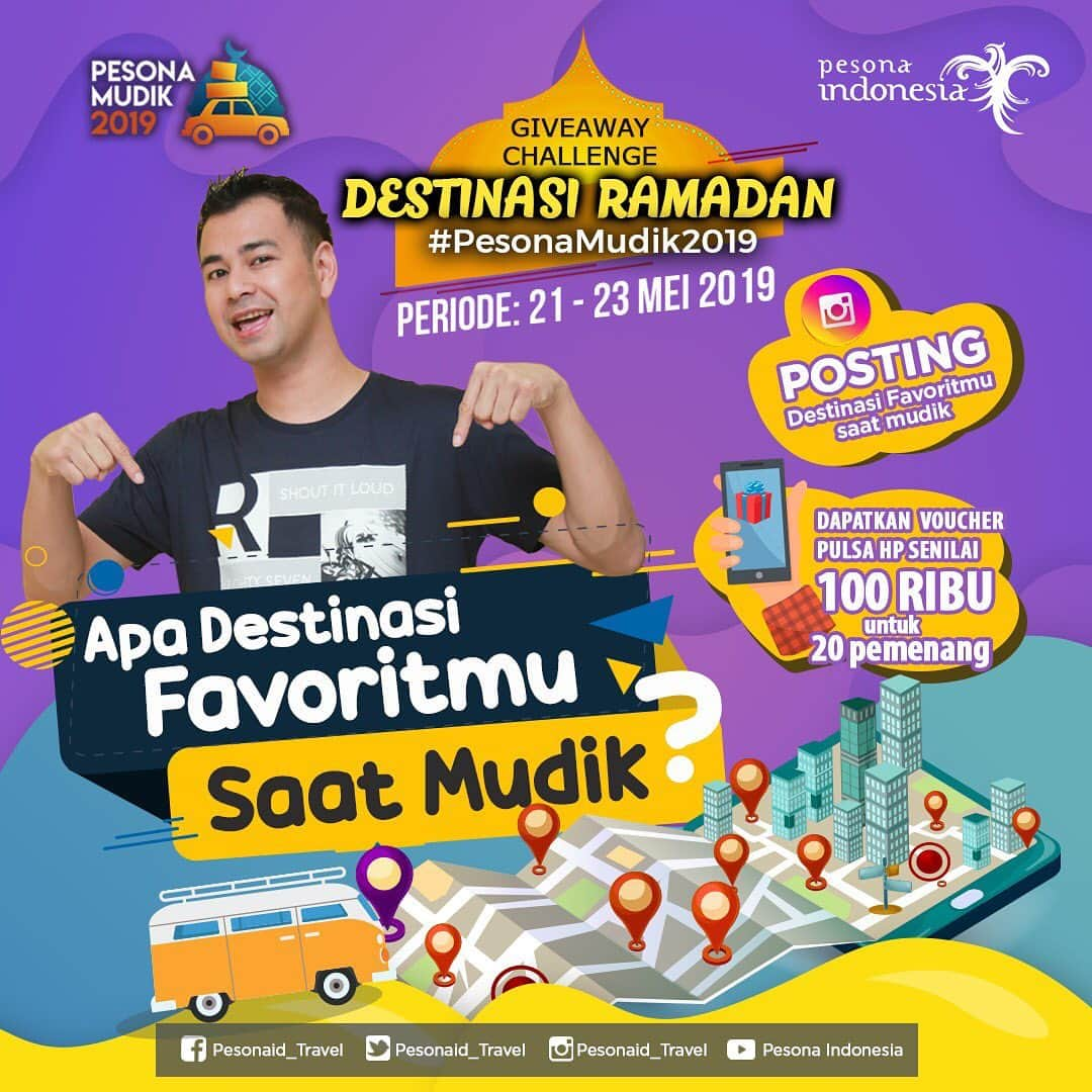 Raffi Ahmadさんのインスタグラム写真 - (Raffi AhmadInstagram)「Halo sobat wisata.... gak lama lagi kita akan memasuki Libur Lebaran. Nahh... ngomong ngomong soal mudik libur lebaran ini, kalian sukanya berwisata kemana nih? Raffi akan Men-Cahllenge kalian lagi, APA DESTINASI YANG PALING KALIAN FAVORITKAN SAAT MUDIK LEBARAN?  Foto dan posting di Akun IG kalian dengan caption singkat menceritakan alasan kalian memfavoritkannya. Ingat, Foto harus berwarna, tanpa bingkai dan watermark, Boleh menggunakan kamera HP.  Jangan lupa Follow dan Mention: @pesonamudik2019 @pesonaid_travel @kemenpar @raffinagita1717  Setiap orang boleh ikut lebih dari satu kali dengan foto berbeda  Gunakan Hastag: #Pesonamudik2019 #DestinasiPesonaMudik2019 #PesonaIndonesia #WonderfulIndonesia #ChallengeRamadanRaffinagita1717  20 Foto terbaik akan mendapatkan Hadiah Voucher Pulsa Handphone senilai 100 Ribu Rupiah *Periode Challange: 21 - 23 Mei 2019 *Pengumuman Pemenang: 24 Mei 2019 di IG Story」5月21日 20時40分 - raffinagita1717