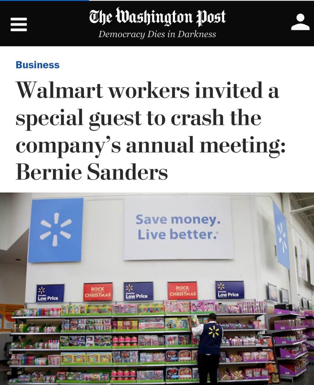 バーニー・サンダースさんのインスタグラム写真 - (バーニー・サンダースInstagram)「Walmart workers are sick and tired of being paid poverty wages, while the Walton family is worth over $170 billion. I’m honored to have been invited by Walmart workers to demand they have a seat at the table of Walmart’s board. If hourly workers at Walmart were well represented on its board, I doubt you would see Walmart’s CEO making over a thousand times more than its average worker.」5月22日 0時06分 - berniesanders