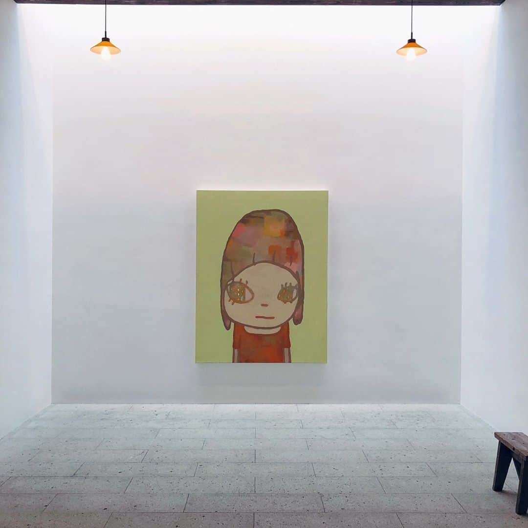 奈良美智のインスタグラム：「the latest painting (has no name yet). it looks finished one, but it’s a kind of study (large as study lol). and today was totally rainy day. the landscape beyond the window has changed (like always). rainbow comes out after the rain, then tomorrow sunny day. maybe.」