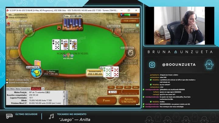 Bruna Unzuetaのインスタグラム：「“Vaaaai ganhar...vai perder....vai ganhar, vai perder....PERDEUUUU” pode isso Arnaldo? Ramirada do bem, nunca imaginei um Straight Flush 😳 74 de 12,868 jogadores, fazendo stream do grind inteiro na twitch! Bora pro próximooooo ❤️」