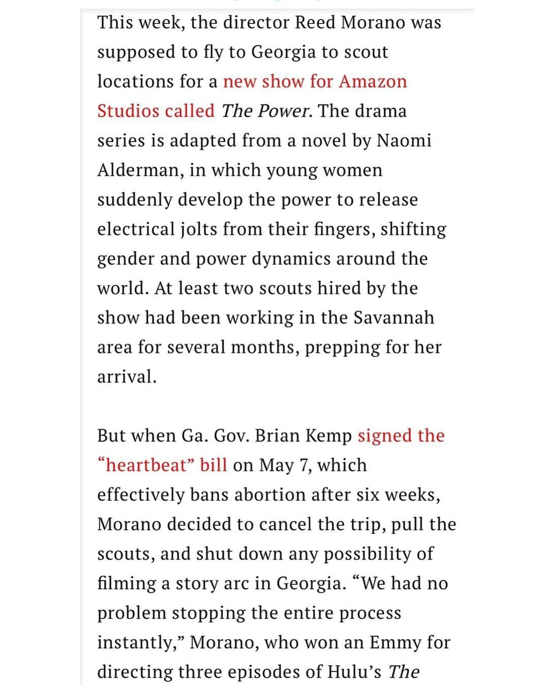 リード・モラノさんのインスタグラム写真 - (リード・モラノInstagram)「Via @time @sisterpicturestv It feels wrong for a reason.  And it felt wrong to us to go ahead and make our show and take money/tax credit from a state that is taking this stance on the abortion issue.  We just couldn’t do it.」5月22日 4時33分 - reedmorano