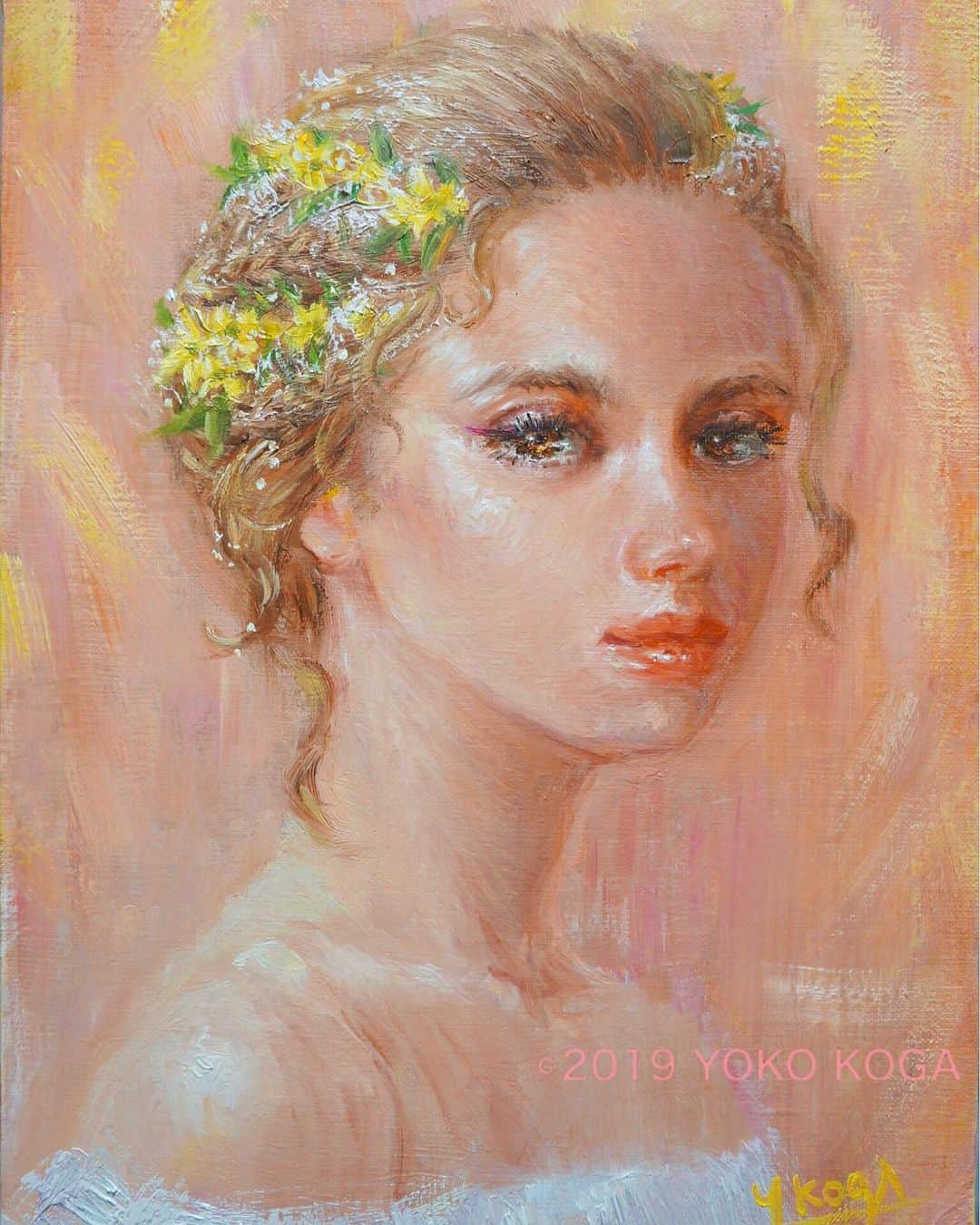 古賀陽子のインスタグラム：「“The Spring Nymph” 2019, oil on canvas, 33.4cm×24.3cm "春のニンフ" F4号 個展 展示予定 ， 🔜 古賀陽子 洋画展 ・5月29日(水)〜6月4日(火) ・@大丸 心斎橋店 北館12F 美術画廊 ・10時〜20時半(最終日は17時まで) ・作家在廊: 11時〜17時  #人物画 #肖像画 #portrait #アート #絵 #gallery #ギャラリー #画家 #artist #painter #portraitartist #painting #art #artwork #油絵 #oilpainting #artstagram #artistoninstagram #instapainting #instajapan #instaart #instaartist #古賀陽子 #yokokoga #exhibition #exhibit #大阪 #個展 #アート好きな人と繋がりたい #ギャラリー巡り」