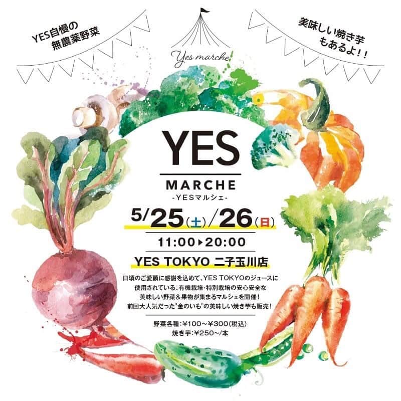 YES TOKYOさんのインスタグラム写真 - (YES TOKYOInstagram)「. . 第二回『YES マルシェ』開催！🥕🥦🍅 . . 前回、3月に行った「YESマルシェ」に続き 第二回目の開催が決定いたしました。 . 今回は、新鮮な有機野菜はもちろん 前回好評だった焼き芋”金のいも”に加え、 数量限定で「3年熟成味噌」も販売いたします！ 菌が生きた熟成味噌は、美容と健康に欠かせない貴重なお味噌です♪ . . 〈開催日〉 2019年5月25日(土)〜26日(日) 11:00 OPEN ※無くなり次第終了 . . 〈場所〉 YES TOKYO 二子玉川店 東京都世田谷区玉川2-15-12ホワイトレジデンス1階 . . 〈販売予定商品〉 ◆有機栽培：ほうれん草、ケール、ニンジンetc… ◆特別栽培：レタス、水菜、セロリ、トマト、etc… 各種￥100〜￥300 ◆宮崎蜜芋「金のいも」 有機土壌で育てられた濃度の高いさつまいもを、独自の熟成技術で甘みを引き出したクリーミーな焼き芋 ◆三年熟成味噌※数量限定 大豆は国産の有機大豆使用、農家さんの手作りの米麹を使用し 手間暇かけて作られた美味しいお味噌 . . 皆様のご来店を心よりお待ちいたしております☺︎ . . . @yestokyo #YES #TOKYO  #yestokyo #yoga #trunkhotel #coldpressedjuice #juice  #ヨガ #コールドプレスジュース #ジュースクレンズ #ジュース #中目黒 #中目黒高架下 #二子玉川 #二子玉川ライズ #中目黒ランチ #二子玉川ランチ #代官山  #渋谷 #福岡 #横浜  #ダイエット#ワークアウト #ケータリング #デリバリー #ファスティング #ダイエット企画 #朝食」5月22日 6時39分 - yestokyo