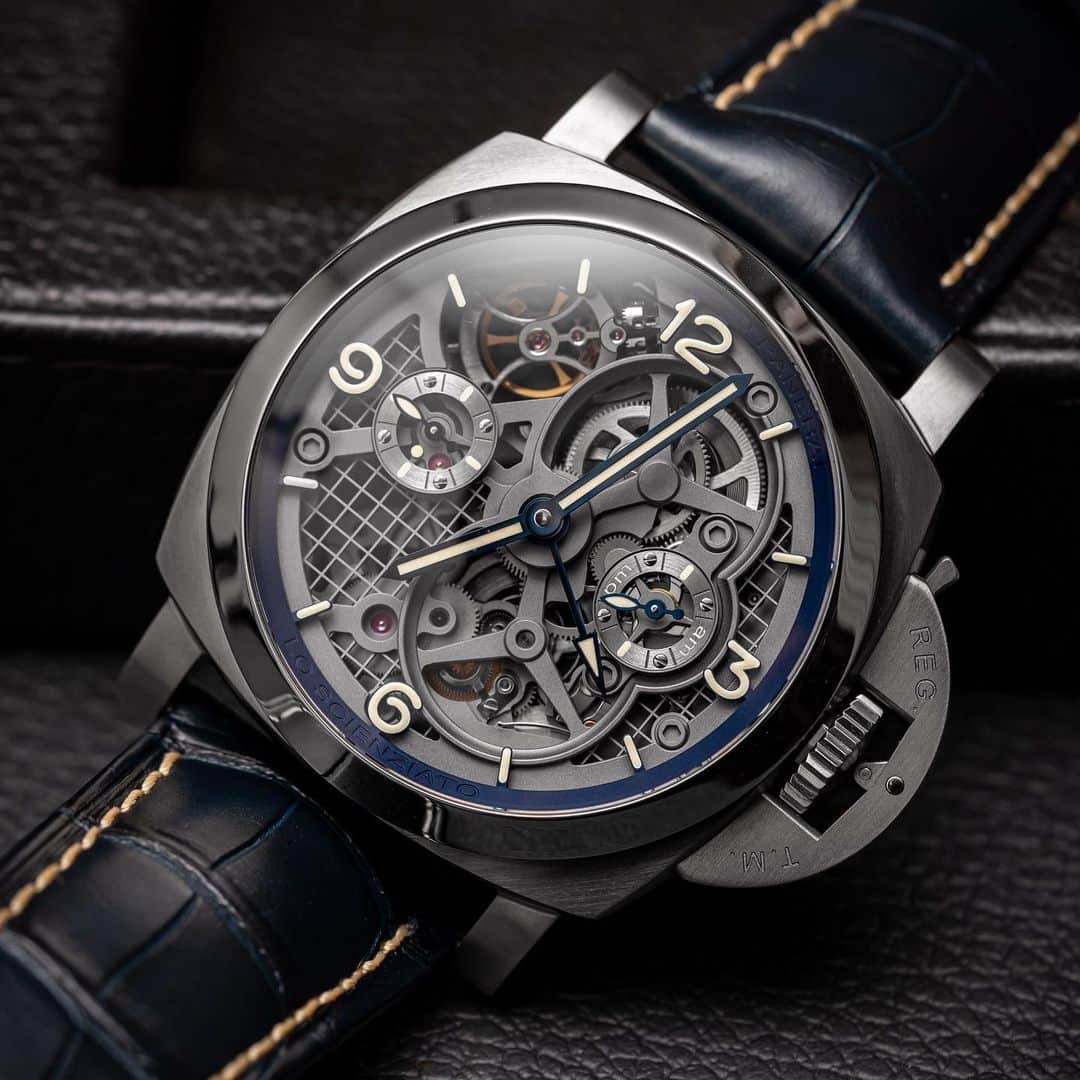 パネライのインスタグラム：「How beautifully captured is this #Panerai #PAM767 47mm Lo Scienziato Titanium Tourbillon Skeleton.  This complete watch weighs in at only 98grams thanks to a 3D printed case made of titanium powder so it can be hollow in places you normally can’t in milling. Also advancements and skeletonized movement parts in titanium shed eight as well. Bravo job to my buddy @watch_gk #paneraicentral」
