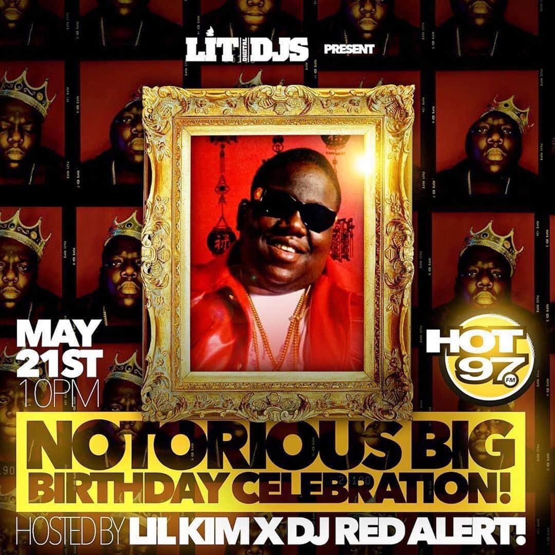 ファンクマスター・フレックスのインスタグラム：「TONIGHT!!! 10pm @hot97 May21st!!! @litdigitaldjs presents... Notorious BIG Birthday Celebration! Hosted by @lilkimthequeenbee x @kooldjredalert !!!!!! Wow!!!」