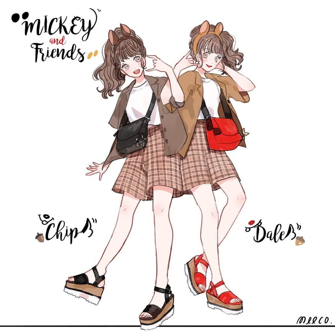 みーこさんのインスタグラム写真 みーこinstagram チップとデールイメージの夏コーデ イラスト イラストグラム イラストレーター イラストエッセイ ファッション ファッションコーデ ファッションイラスト ディズニーコーデ チップとデール