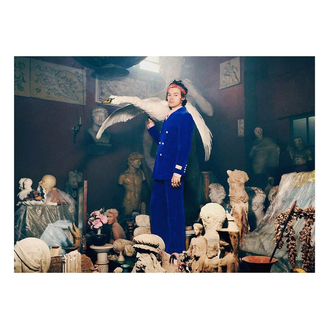 グッチさんのインスタグラム写真 - (グッチInstagram)「Inside rooms filled with statues and paraphernalia, @harrystyles wears a double breasted dyed velvet jacket with matching pants from the new #GucciTailoring collection by @alessandro_michele.  Discover more through link in bio. #AlessandroMichele #GucciPreFall19」5月22日 20時27分 - gucci