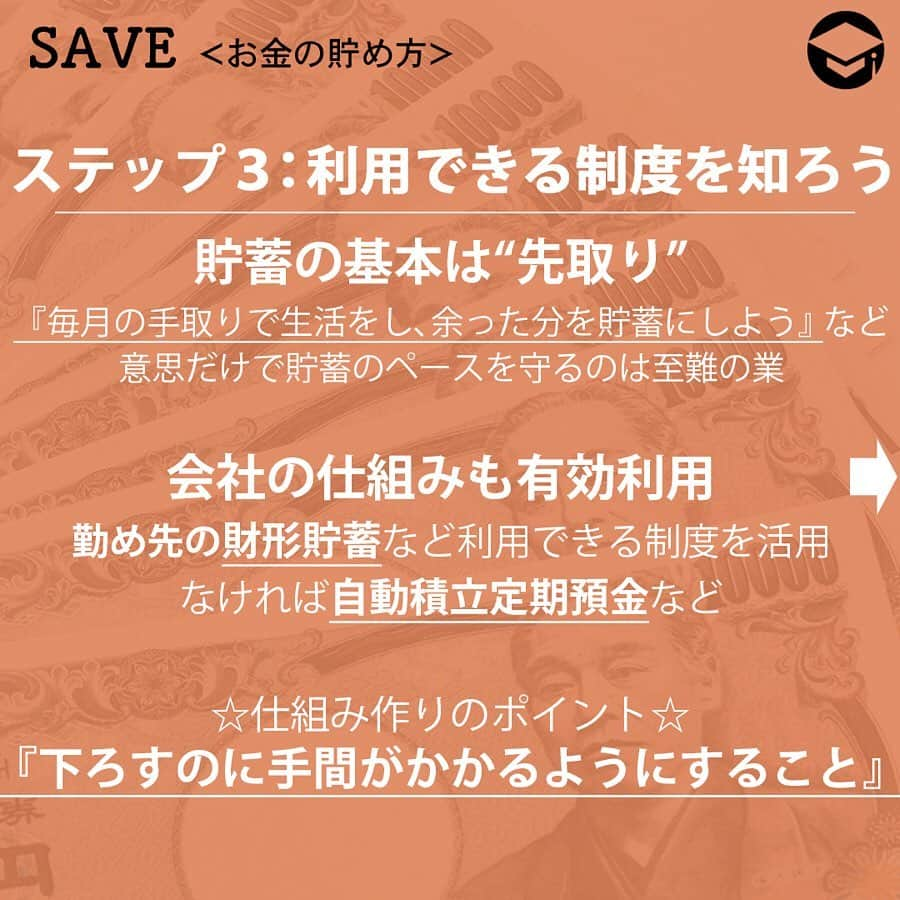 ファイナンシャルアカデミー(公式) さんのインスタグラム写真 - (ファイナンシャルアカデミー(公式) Instagram)「・﻿ 仕事もプライベートも充実盛の30代。 毎日充実しているけれど、これからのことも考えてお金をしっかり貯めていきたい。「とりあえず1,000万」とよく聞くけれど、1,000万円って簡単に貯まるの❓貯めるならどうやって❓今回は5つのステップにわけて、解説します❗﻿ ﻿ 1000万への道のりは、例えるなら「山登り」 ⛰だから。﻿ 「30代から1000万」。改めて考えると、大きな金額ですね。でもここで、『そんなの絶対ムリ❗ 』なんて、最初から諦めないで。﻿ 1000万への道のりは、山登りと似ています。遠くに見える頂上をただ眺めているだけでは、永遠にそこに立つことはできません。まずは1歩、そこからです🚶﻿ ﻿ ステップ1⃣ ：現状を把握しよう。﻿ 1000万への道のりの最初のステップは“現状把握”です。ここで把握しておきたい現状は、2つあります。それは、「貯蓄額」と「収支」です。﻿ 答えられる❓自分の⭕ ⭕﻿ 皆さんは『現在の貯蓄額はいくらですか❓ 』と尋ねられたら、即答できますか❓即答できない人は、たくさんの銀行口座を持っていて、どの口座にいくら残高があるかを把握できていないのではないでしょうか🏧﻿ まずは、貯蓄額の洗い出しが必要です。また、給与明細や家計簿を確認したり、紙に書き出すなどの方法で、「年間の手取り収入」と「支出の総額」についてもしっかり把握しましょう。﻿ ﻿ ステップ2⃣ ：ゴールを設定しよう。﻿ 次のステップは“ゴール設定”です。設定するゴールとは、「何のために」と「いつまでに」。﻿ 「何のために」 ❓﻿ 何のために、を考えることで、どの山の頂上を目指すのか、なぜ山に登るのか、目的をハッキリさせることができます。目指す山は、１つである必要はありません。結婚資金と老後資金など、複数の目的の為に別々に貯蓄をする（結果、合計が1000万になる）というのも有効な方法です。﻿ 「いつまでに」 ❓﻿ もう１つのゴール「いつまでに」。﻿ 10年間で貯めたいのか、20年間で貯めたいのか、定年までか。ゴールしたい時期によって、貯めるペースは変わります。10年間で1000万を貯めるなら、1年間では100万円です💴﻿ 例えばこの金額を﻿ 毎月5万円×12か月＋ボーナス20万×2回＝100万円💴﻿ というふうに、ペース配分を決められます。﻿ ﻿ ステップ3⃣ ：利用できる制度を知ろう。﻿ 毎月の貯蓄のペース配分が決まったら、そのペースを守るための「仕組み」を自分に課してしまいましょう。﻿ まず、貯蓄の基本は“先取り”です。『毎月の手取りで生活をし、余った分を貯蓄にしよう。』という考え方では、なかなか貯蓄は増えません🙅反対に、貯蓄を先取りしておけば、月末に余った分は、ご自身の“お楽しみ”に回すのもアリですよ❗ ⭐﻿ 会社の仕組みも有効利用﻿ そうは言っても、意思だけで貯蓄のペースを守るのは至難の業。そこで、先取り貯蓄を確実にする「仕組み」を自分に課すのが得策です。勤め先に、財形貯蓄など利用できる制度はありませんか❓なければ、自動積立定期預金なども利用できます。﻿ ﻿ ステップ4⃣ ：投資の勉強をしよう。﻿ 先取り貯蓄がある程度習慣化し、苦なく続けられるようになったら次のステップです。投資の勉強をして、歩みのペースを速めましょう❗﻿ 勉強自体は、ステップの初めの方から少しずつ始めても良いですね。ただ、ステップの初めから投資に飛びつくのは禁物です⚠﻿ 一歩一歩着実に﻿ 投資の勉強をするには、本を買ってみたり、マネーセミナーに参加する方法があります。“投資”と聞くと、ギャンブル的な要素の強いマネーゲームを想像されるかもしれませんが、そうではありません。﻿ ﻿ ステップ5⃣ ：心の満たし方を変えよう。﻿ 1000万の貯蓄を目指す、最後のステップです。先取り貯蓄をするということは、普段の生活については『先取りしたお金は無かったことにして、残りの金額で過ごす』ということになります。﻿ 「今までの生活のいろいろを我慢して過ごせるかな❓ 」と、不安になる方もいらっしゃるのではないでしょうか💭そこで、最後のステップとして考えたいのは“心の満たし方”です🌞️﻿ 自分の生活を振り返ってみよう﻿ もし『暮らしていくために十分な収入があるのに、なかなか貯められない』という悩みがある方は、モノで心を満たしていないかを振り返ってみてください。自分に対する評価、自分への満足感を表すために、ブランド品や高級な家具家電で身を固めてはいませんか❓﻿ もちろん価値観は人それぞれですから、それを悪いと言いたいわけではありません。ただ、飛び抜けた年収ではない中で、今回のテーマである1000万貯蓄を目指すとしたら、「貯め体質」になった方が我慢は少なく、有利だということです🌟﻿ ﻿ #ファイナンシャルアカデミー#financialacademy #ファイナンシャルプランナー #お金の教養 ﻿ #手書きアカウント#手書きツイート #手書きポスト初心者 #手書きポスト #デジタルツイート ﻿ #自分次第#自己実現 #勉強 #勉強会 #勉強中 #勉強記録 #勉強垢さんと繋がりたい #勉強垢 ﻿ #情報収集 #節約 #節約術 #節約方法 #1000万円 #節約中 #貯金ができない人」5月22日 17時14分 - financial_academy