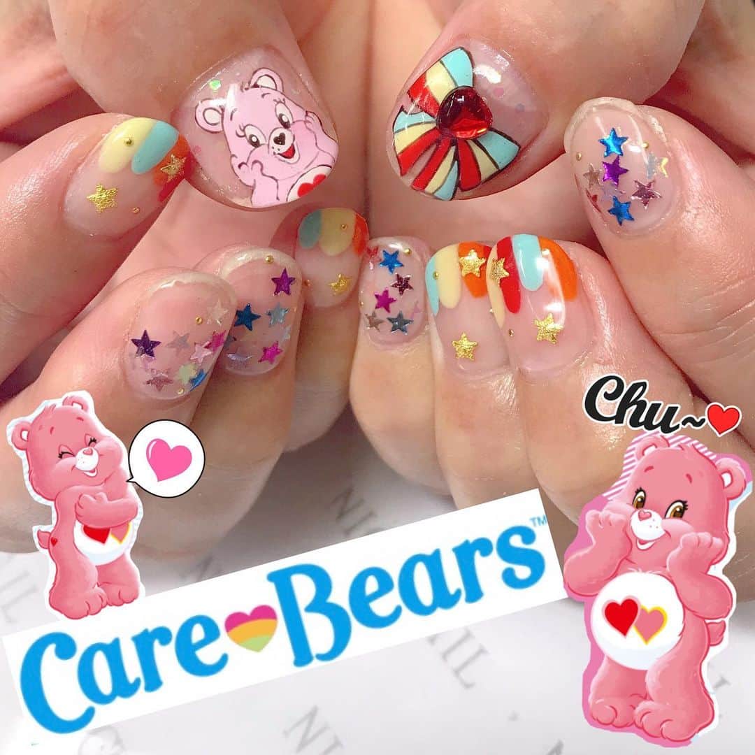 小嶋晶子のインスタグラム：「(◎´艸`{ New nail💅I really like this!! #nail #nails #newnail #newnails #carebears #lovealotbear #pink」