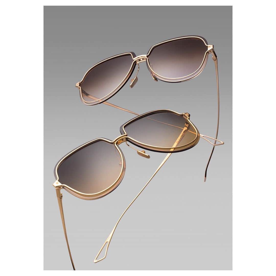ディタのインスタグラム：「The #DITA Nightbird-Series’ titanium dual-frame builds upon years of experimentation with titanium construction in streamlined #aviatorsunglasses. The Nightbird-Three is seen here in White Gold and Gold — tap for links #DITAeyewear #DITAsunglasses」