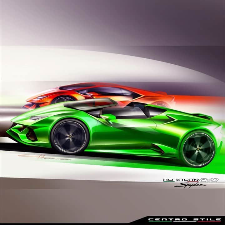 ランボルギーニのインスタグラム：「Style is the speed of drivers’ desires. Huracán EVO and Huracán EVO Spyder, designed by Centro Stile Lamborghini. #Lamborghini #HuracanEVO #HuracanEVOSpyder #EveryDayAmplified #Sketch #CentroStileLamborghini」