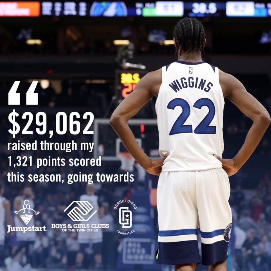 アンドリュー・ウィギンスのインスタグラム：「I’m excited to announce that by donating $22 for every point I scored this season, and with 1,321 points, I was able to donate a total of $29,062 to @ctjumpstart, @boysandgirlsclubstc , and @gorguidieng Foundation!」