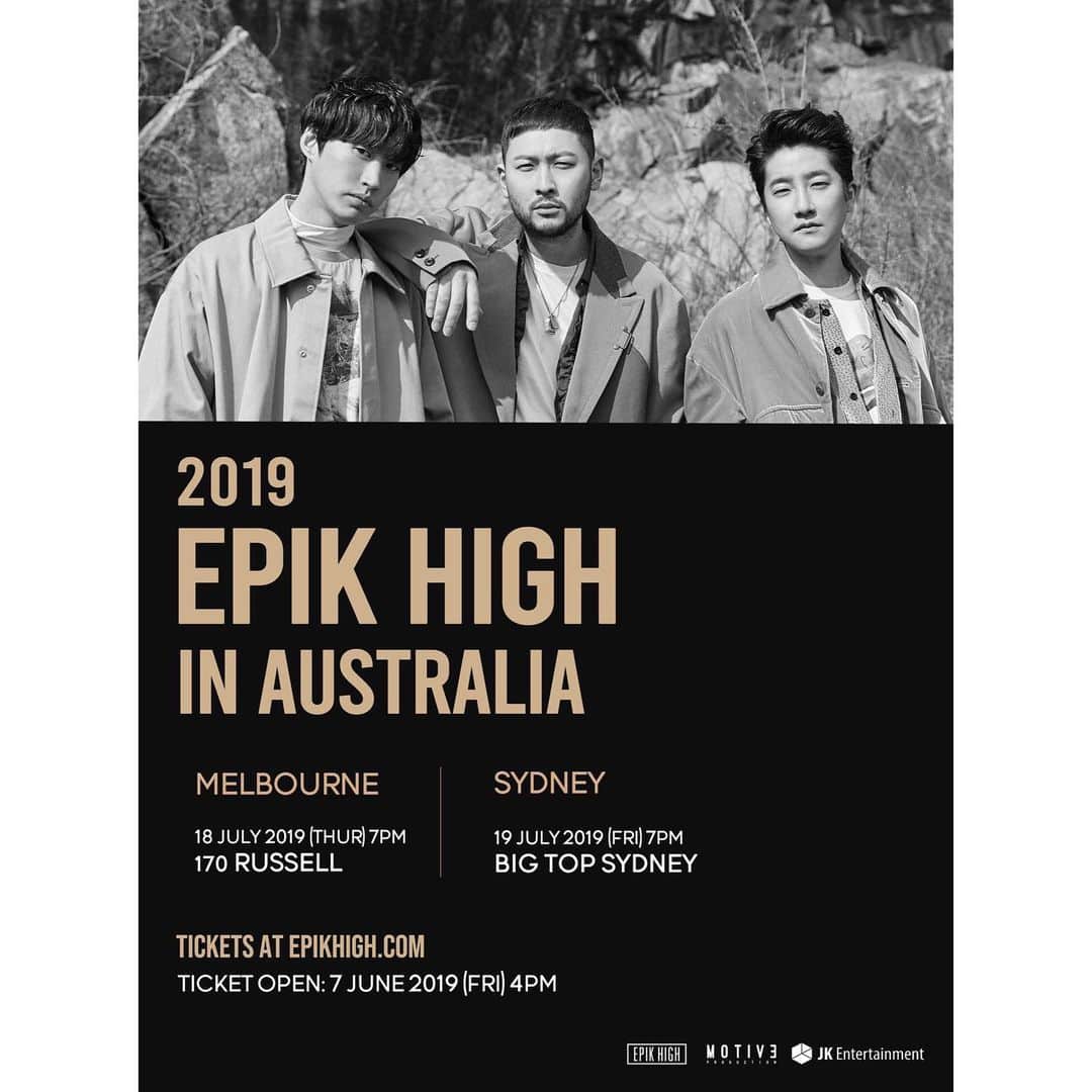 ミスラ・ジン さんのインスタグラム写真 - (ミスラ・ジン Instagram)「2019 EPIK HIGH in AUSTRALIA ‍ ☑️ Melbourne 2019.07.18 (Thu) 7pm @ 170 Russell ‍ ☑️ Sydney 2019.07.19 (Fri) 7pm @ Big Top Sydney ‍ 📆 Ticket Open 2019.06.07 (Fri) 4pm (Local time) ‍ 🎫 Tickets at epikhigh.com  #EPIKHIGH #sleeplessinAUSTRALIA #epikhigh2019tour」5月23日 11時01分 - realmithrajin