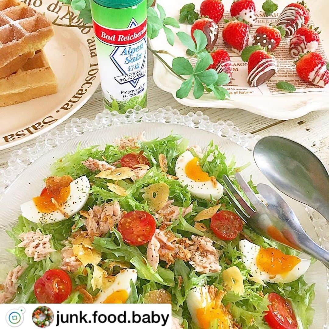 アルペンザルツ公式Instagramさんのインスタグラム写真 - (アルペンザルツ公式InstagramInstagram)「#アルペンザルツ をお使いいただいた @junk.food.baby 様の素敵なお写真をRegramさせていただきました。お使いいただき、誠にありがとうございます。 ━━━━━━━━━━━━━━━━━━━━━━━ ・ ・ 休日の朝ごはん(⸝ᵕᴗᵕ⸝⸝)💕 ・ メインは野菜たっぷりの ゆで卵入りのツナサラダ✨ ・ ドレッシングを使わずに オリーブオイルとハーブ入りの岩塩で いただきました✨ ・ すごく美味しい(๑˃̵ᴗ˂̵)💕この組み合わせ✨ ・ @alpensalz_jp  SKWイーストアジア株式会社様より いただきました ドイツ産の岩塩を使っています♡ ・ ・ 我が家の食卓には欠かせない岩塩❣️ また、いろいろな料理に使ってみたいと思います😊 ・ @alpensalz_jp 様🙇 ありがとうございました♡ ・ ・ ・ #アルペンザンツ #朝ごはん #あさごはん #うきうきスプリング  #おうちカフェ  #おうちcafe #キッチンからlove  #ママリクッキング #サンキュインスタ部  #お料理好きな人と繋がりたい  #おうちごはんlover #マカロニメイト #豊かな食卓 #コッタ #cotta #igersjp  #valentine  #wp_deli_japan  #ありがとうの食卓  #サンキュインスタ部 @39_editors  #ワッフル #苺チョコ  #homemadesweets  #サラダ #pcc201902甘くとろける❤️バレンタインとひな祭りの愛されスイーツ  #salad #スイーツなひととき #breakfast  #alpensalz」5月23日 11時58分 - alpensalz_jp