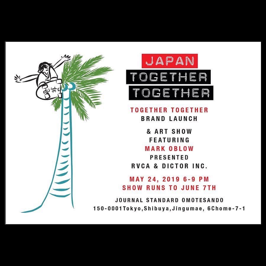 のインスタグラム：「Mark Oblow and Yong-ki Chang’s “TOGETHER TOGETHER” is launching in Japan tomorrow!!!🇯🇵🎉 カリフォルニア時代にルームメイトだった兄弟の様な存在 Mark Oblow と Yong-ki Chang が手掛けるスケートアートブランド、TOGETHER TOGETHER の日本で展開することになり、ローンチパーティーが明日、5月24日(金)ジャーナルスタンダード表参道にて開催されます！みんなでお祝いに行きましょっ！🎉🎉🎉 #Repost @dictor_kimi ・・・ JAPAN TOGETHER TOGETHER  Opening Reception:2019 年 5 月 24 日（金）PM６－PM９  Art Show：2019 年 5 月 24 日（金）－ 2019 年 6 月 7 日（金）  Place: JOURNAL STANDARD 表参道  Mark Oblow（マーク・オブロー）と Yong-ki Chang（ヨンキー・チャン）のアートスケートブランドである Together  Together のローンチイベントがジャーナルスタンダード表参道にて開催されます。 当日は本人来日します。  Mark Oblow によるアートショーは、Together Together ブランドの立ち上げと共に、5 月 24 日（金）から 6 月 7 日（金）まで 2 週間にわたり開催されます。 このアートショーでは Mark Oblow による手掘りの木版画手法にて 1 枚 1 枚手刷りした T シャツを 60 枚限定で販売。 さらにはイベント当日に T シャツを購入したお客様に、７インチ×7 インチの Mark Oblow によるドローイングアート をプレゼントします。 また、上記商品以外にも ピンズ、ライター、スケートボードなども販売。またゲストボードとして、Jason Jesse の サイン入りスケートボードも限定数販売します。 お飲物などもご用意いたしますので皆様お誘いの上ご来場ください。  Curated by Yong-ki Chang Support：Dictor Inc. and RVCA.  JOURNAL STANDARD 表参道 150-0001 東京都渋谷区神宮前 6－7－1 03-6418-7961  @markoblow  @journalstandard.jp  @together__together  @rvca  @rvcajapan  #japantogethertogether  お問い合わせ 株式会社 Dictor 03-6407-0740 info@dictor.co.jp」