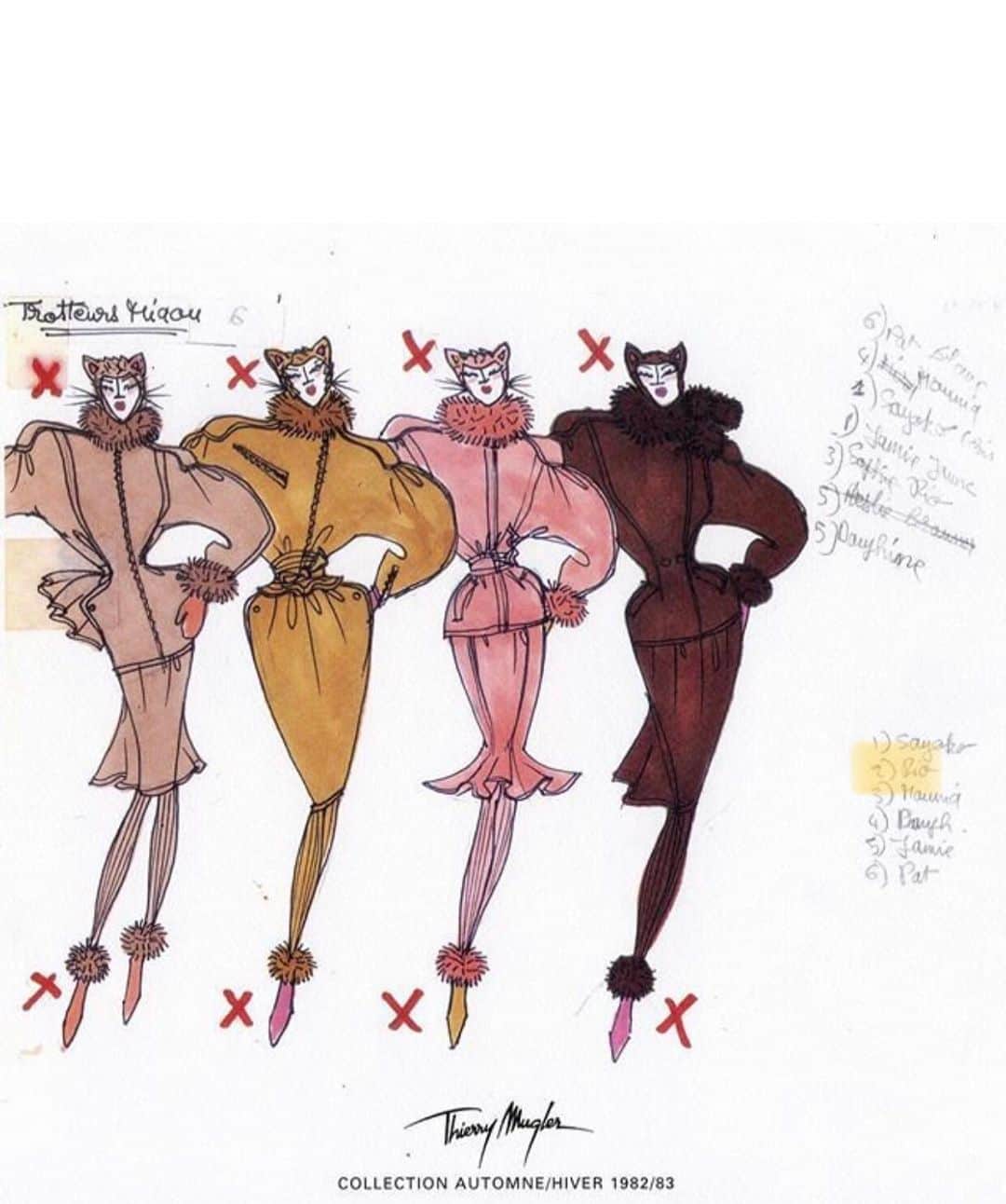 のインスタグラム：「My mother sketched on far right (& scroll for pic) @andreadellal aka ‘Rio’ modelling for Thierry Mugler 1982 wearing my very favourite feline outfit, Kitty’s run in the family! 😻 Watch the video with Pat Cleveland @manfredthierrymugler」