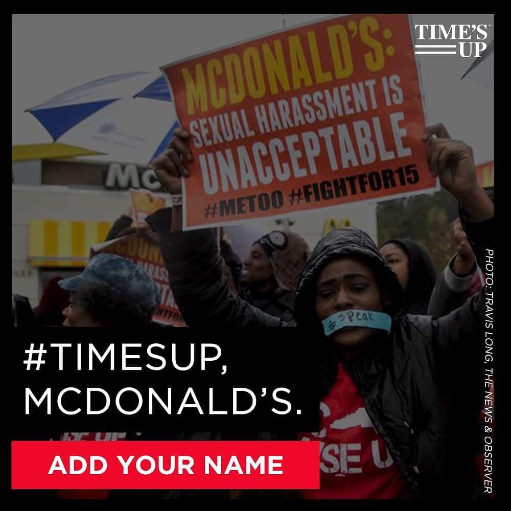 のインスタグラム：「BREAKING: The @timesupnow Legal Defense Fund + @aclu_nationwide + #Fightfor15 workers filed 23 new cases vs. @McdonaldsCorp for sexual harassment at their restaurants! Help us tell @McDonalds #TIMESUP before their shareholder meeting today - add your name to our letter. (Link in bio)」