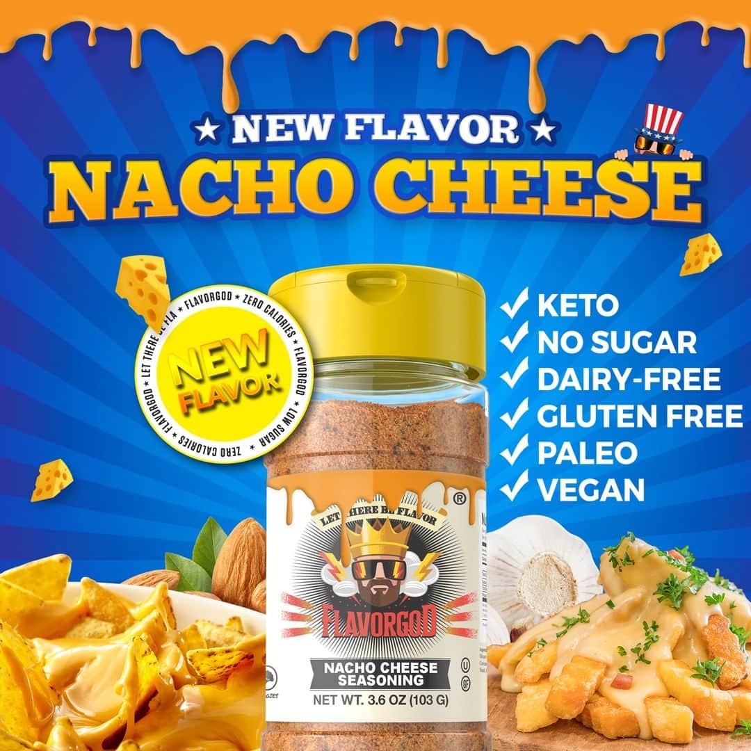 Flavorgod Seasoningsさんのインスタグラム写真 - (Flavorgod SeasoningsInstagram)「Introducing my NEWEST FLAVOR!!!⠀ 🧀🧀🧀NACHO “CHEESE” SEASONING 🧀🧀🧀⠀ .⠀ This is a small limited batch and will not be in stock for long!⠀ Get it here ➡️www.flavorgod.com⠀ .⠀ This DAIRY FREE, magic in a bottle is the perfect accompaniment to any dish where cheese could be used.⠀ .⠀ This plant based seasoning is savory and can be used like Parmesan Cheese, great on pasta dishes, salads, chicken dishes, veggies, potatoes and of course my favorite POPCORN 🍿⠀ .⠀ Made with tomatoes, almonds, savory herbs, spices and Himalayan Salt add Flavorgod Nacho “Cheese” to any dish for a burst of cheesy goodness. ⠀ .⠀ 🧀Zero Calories Per Serving ⠀ 🧀No Sugar⠀ 🧀Dairy-free⠀ 🧀Gluten free⠀ 🧀 KETO⠀ 🧀Vegan⠀ 🧀Kosher⠀ 🧀Paleo」5月23日 23時01分 - flavorgod