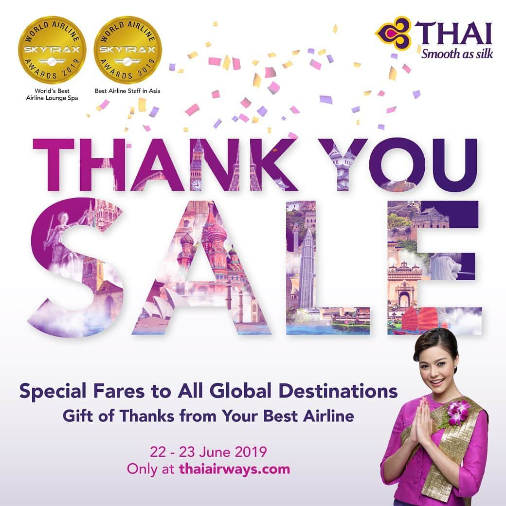 タイ航空さんのインスタグラム写真 - (タイ航空Instagram)「A gift of thanks from your best airline. This weekend, be ready for the greatest deal ever never before seen to all global destinations. . 22 - 23 June 2019 Only at thaiairways.com . #ThaiAirways #ThankYouSale #GiftfromOurHearts #TGJourney」6月21日 20時54分 - thaiairways