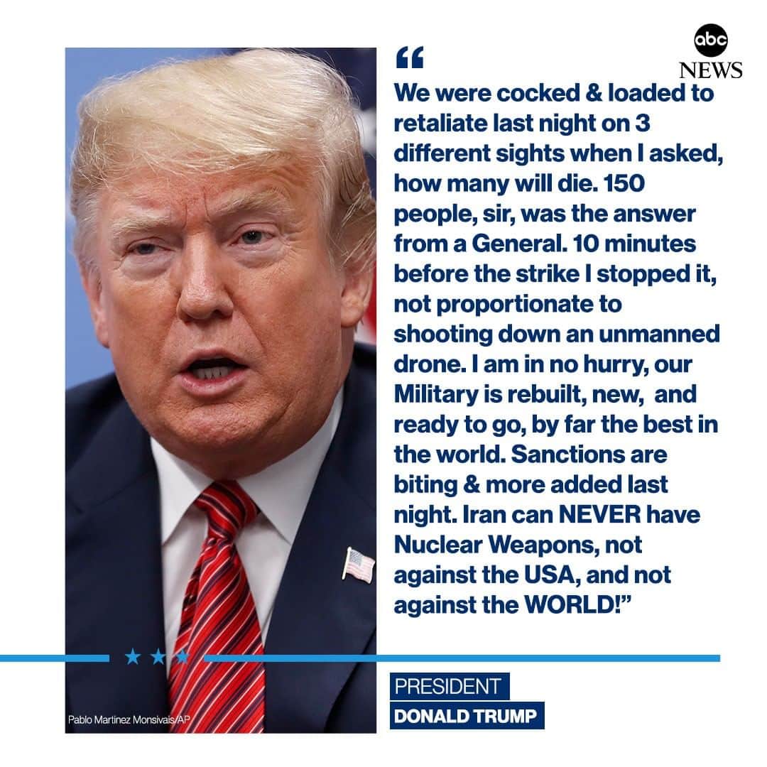 ABC Newsさんのインスタグラム写真 - (ABC NewsInstagram)「JUST IN: "10 minutes before the strike I stopped it," Pres. Trump says of military strike ordered on Iran late Thursday, calling it "not proportionate to shooting down an unmanned drone." "I am in no hurry," the president tweets. #donaldtrump #politics #iran」6月21日 22時17分 - abcnews
