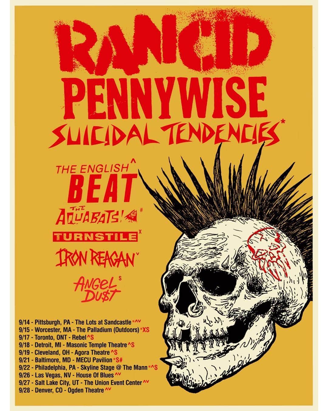 Rancidさんのインスタグラム写真 - (RancidInstagram)「Ticket are available now for our September dates with our friends @_pennywise , @suicidaltendencies , @TheEnglishBeat, @TheAquabats, @turnstiletribe, @ironreaganofficial and @angeldustmoney  Link In bio」6月21日 23時00分 - rancid