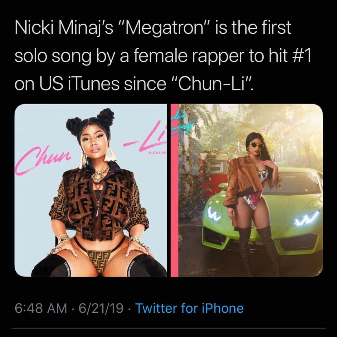 ニッキー・ミナージュさんのインスタグラム写真 - (ニッキー・ミナージュInstagram)「#Megatron — first solo song by a female rapper to go #1 on US iTunes since Chun-Li. Thank you 🙏🏽♥️‼️💋🎉🦄 #1 overall, #1 HipHop, #1 Video (link in bio) — #QueenRadio in 7 hours!!! 2PM PST ❣️❣️❣️❣️」6月21日 23時01分 - nickiminaj