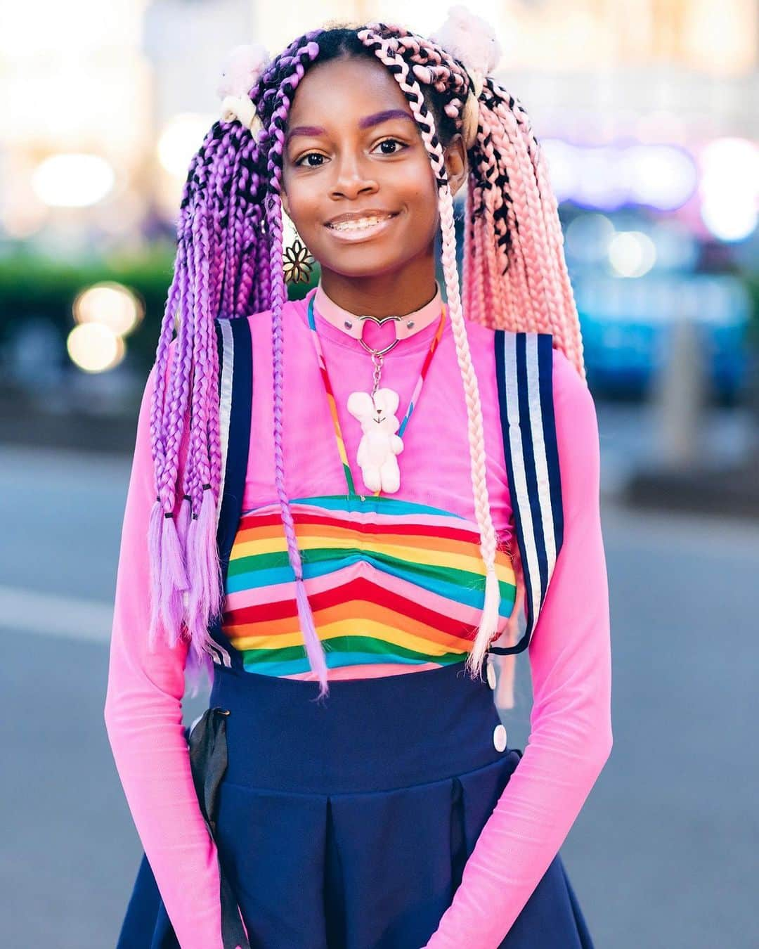 Harajuku Japanさんのインスタグラム写真 - (Harajuku JapanInstagram)「Sierra (@frokyo) on the street in Harajuku wearing a rainbow top and matching rainbow socks, a suspender skirt, heart choker with plushie, and platform glitter butterfly wing boots. She didn't share her brand info, but she said that @DollsKill is her favorite place to shop for fashion!」6月21日 23時43分 - tokyofashion