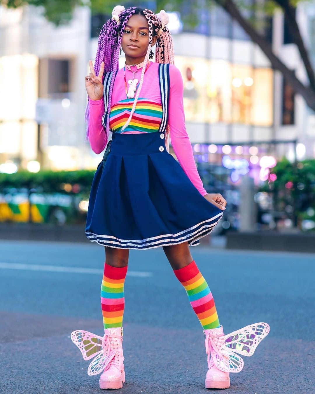 Harajuku Japanさんのインスタグラム写真 - (Harajuku JapanInstagram)「Sierra (@frokyo) on the street in Harajuku wearing a rainbow top and matching rainbow socks, a suspender skirt, heart choker with plushie, and platform glitter butterfly wing boots. She didn't share her brand info, but she said that @DollsKill is her favorite place to shop for fashion!」6月21日 23時43分 - tokyofashion